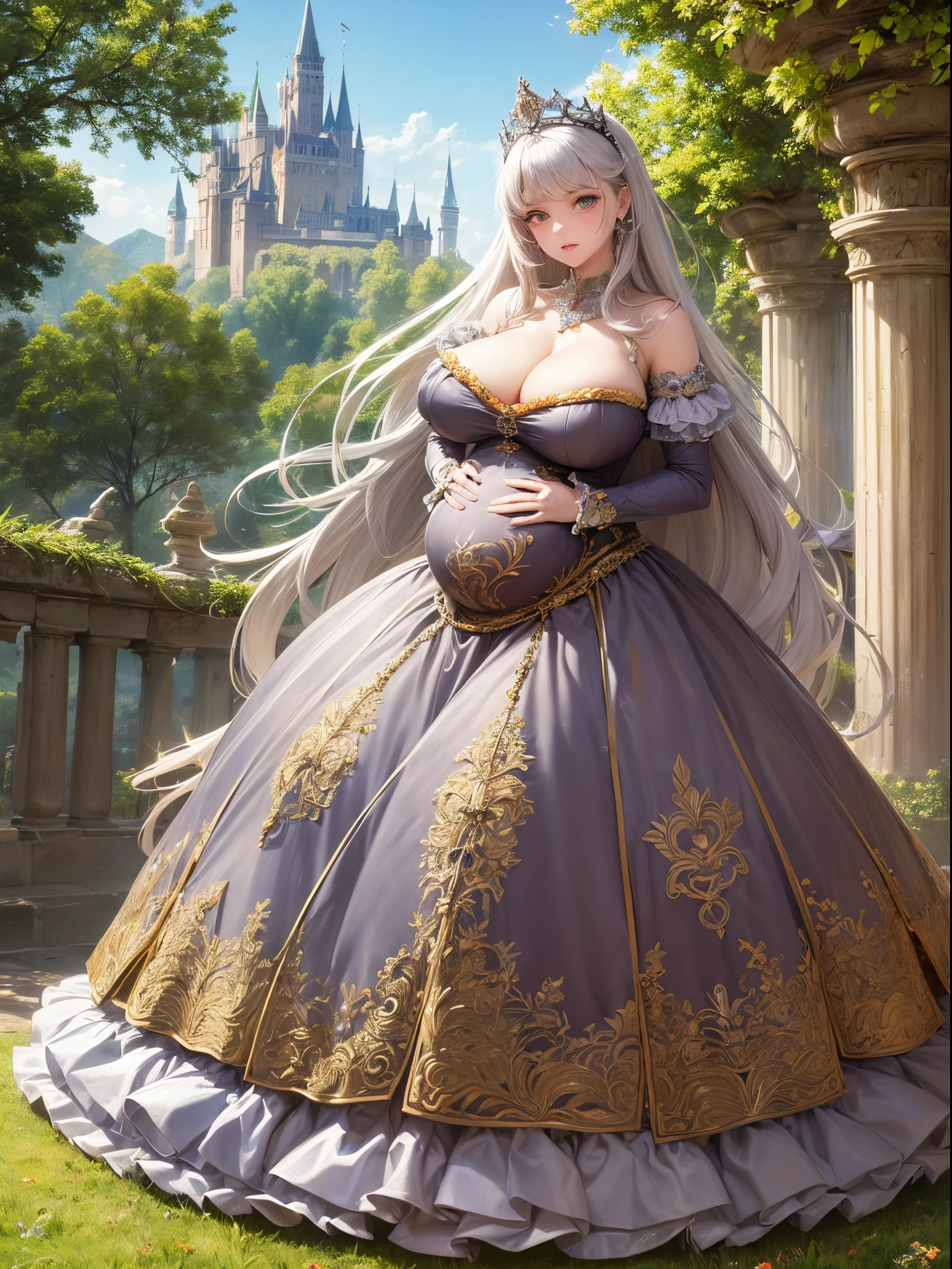 ultra-detailed, extremely detailed,((anime artstyle)),Masterpiece,(Best Quality),(Super Detail),(Very Delicate and Beautiful),((Solo)),(((full body))),full body,((detailed face and eyes)),perfect eyes, rendered eyes,jewel-like beautiful eyes,cry,((embarrassed)),((1 pregnant princess in beautiful embroidery and jeweled gorgeous rococo ballgown with frilled voluminous full length hoop skirt)),(((heavily pregnant))),((Crinoline)),beautiful embroidery and jeweled gorgeous rococo ballgown with frilled voluminous full length hoop skirt,(large amount of straight hair,extremely voluminous Very Long straight Hair,Absolutely Long Straight Hair),sparkly skin,(((very gigantic boobs,skindentation))),Bursting breasts,cleavage,((fantasy castle,outdoors,outside the castle)),long_gloves,extremely gorgeousfull jeweled hair ornament,(bling-bling extremely gorgeousfull jeweled tiara),(luxurious jewelry),full body,beautiful embroidery and jeweled gorgeous rococo ballgown with frilled voluminous full length hoop skirt