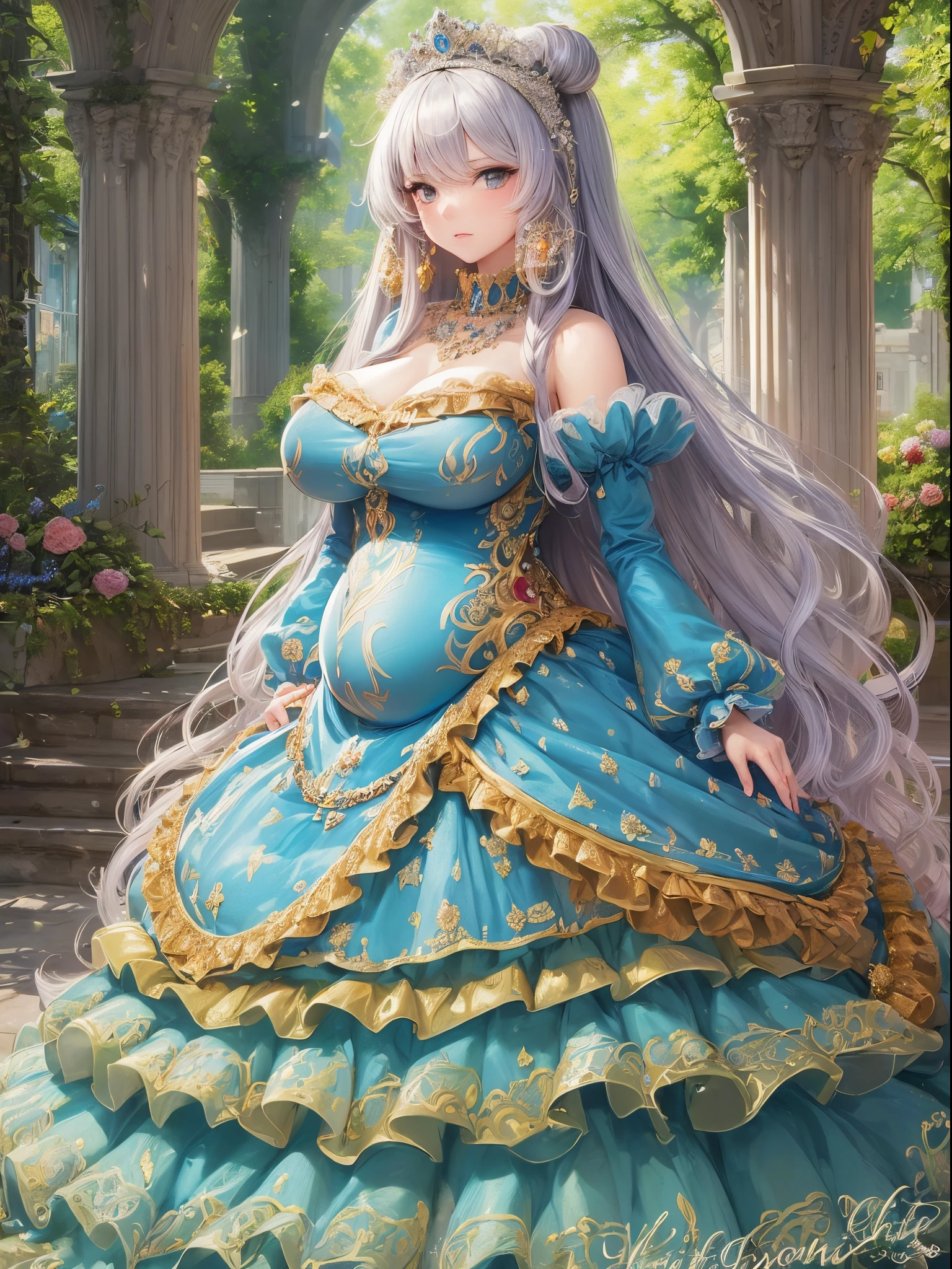 ultra-detailed, extremely detailed,((anime artstyle)),Masterpiece,(Best Quality),(Super Detail),(Very Delicate and Beautiful),((Solo)),(((full body))),full body,((detailed face and eyes)),perfect eyes, rendered eyes,jewel-like beautiful eyes,cry,((embarrassed)),((1 pregnant princess in beautiful embroidery and jeweled gorgeous rococo ballgown with frilled voluminous full length hoop skirt)),(((heavily pregnant))),((Crinoline)),beautiful embroidery and jeweled gorgeous rococo ballgown with frilled voluminous full length hoop skirt,(large amount of straight hair,extremely voluminous Very Long straight Hair,Absolutely Long Straight Hair),sparkly skin,(((very gigantic boobs,skindentation))),Bursting breasts,cleavage,((fantasy castle,outdoors,outside the castle)),long_gloves,extremely gorgeousfull jeweled hair ornament,(bling-bling extremely gorgeousfull jeweled tiara),(luxurious jewelry),full body,beautiful embroidery and jeweled gorgeous rococo ballgown with frilled voluminous full length hoop skirt