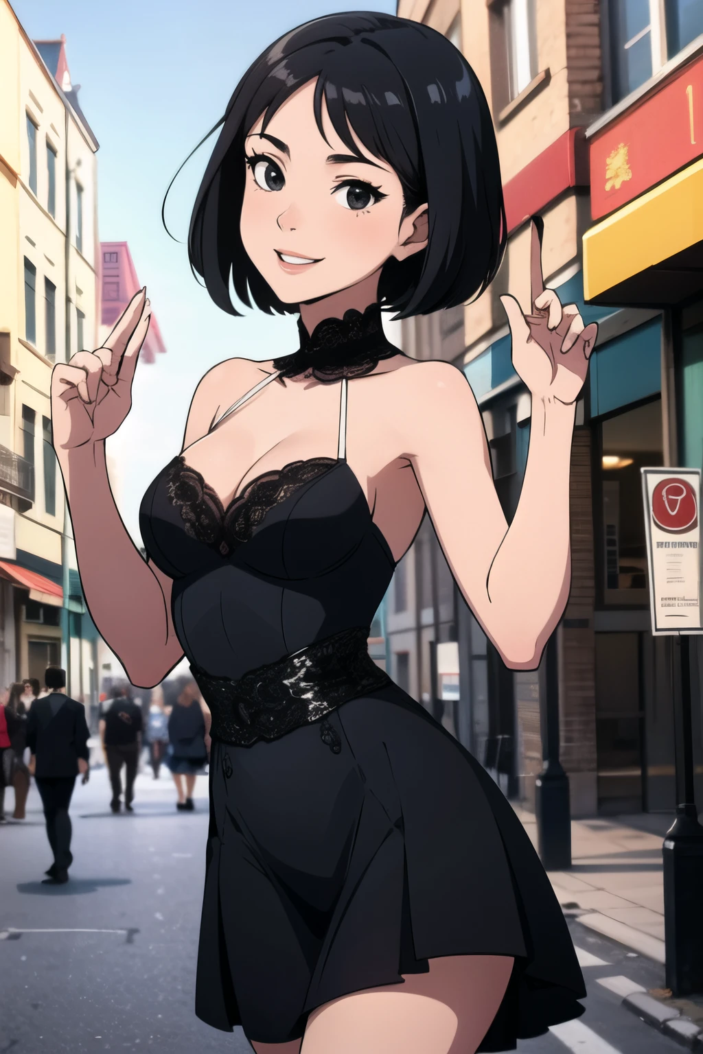 1 girl, teenage, black hair, short black hair, medium hair, bob hair, black eyes, flamenco dress, flamenco dancer, smile, city streets, sexy, masterpiece, high quality.