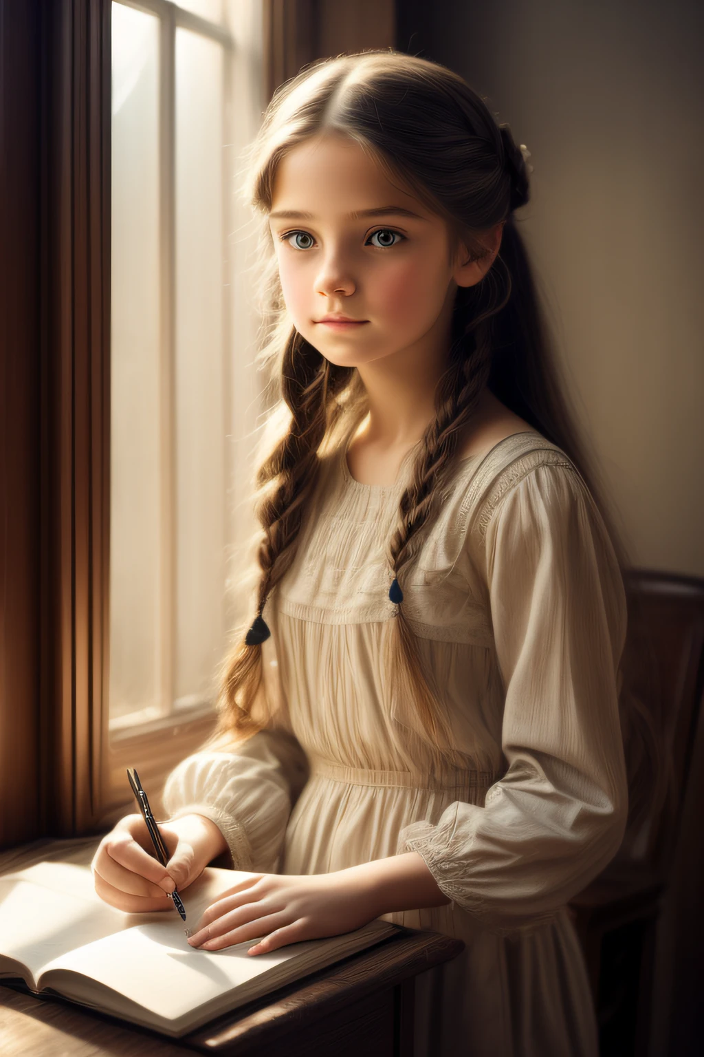 (best quality,highres,ultra-detailed,realistic),young girl with beautiful eyes,thoughtful expression,long hair tied up,standing near a window,bright daylight shining through,soft and warm color tones,old-fashioned clothing style,classic portrait style,pencil sketching effect,subtle textural details,emotive atmosphere,historical setting,aged paper texture,light and shadow play,with delicate facial features,engaged in writing a diary,endearing and innocent appearance,peaceful and serene ambiance,with a hint of melancholy,reflective mood,profound and meaningful,providing insight into the human experience,inspiring and thought-provoking artwork.