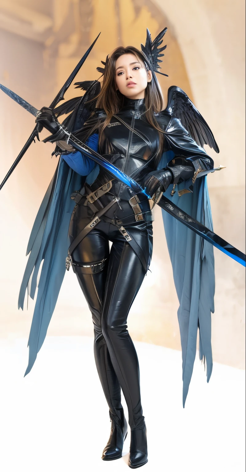 Female, tight black leather clothing, blue wings, holdong long sword
