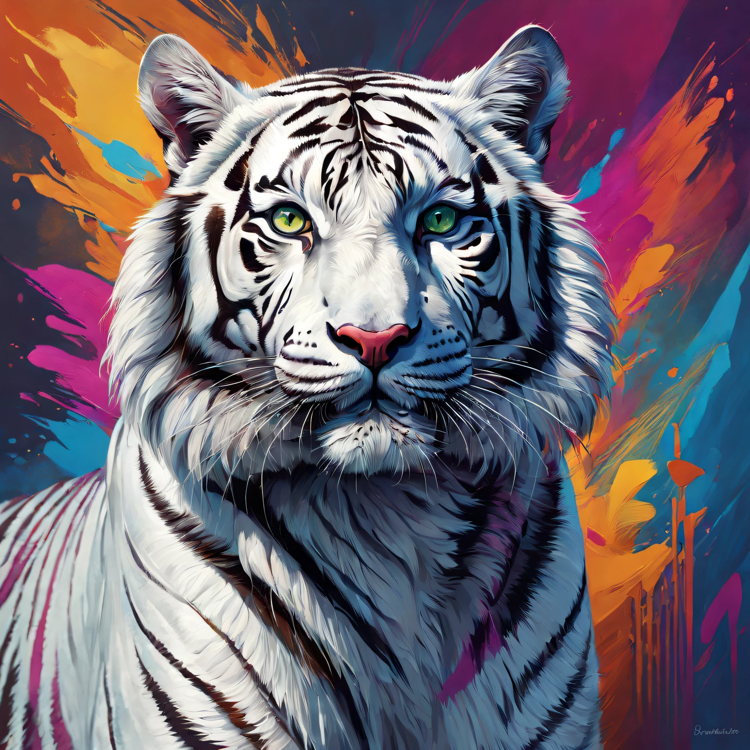 Best quality at best,ultra - detailed,actual,vivd colour,White Tiger,sportrait,illustratio,Focus sharp,Vibrant background,Delicate fur,Expressive eyes,Intense expression,Striking pose,majestic feeling,Stylized rendering,Beautiful contrast,Thick lines,Rich textures,a hint of fantasy,Unique character design,Colorful palette,dynamic compositions,dramatic lights,animal attributes,Emotional intensity,Lively brushstrokes,Strong sense of presence,noble existence,Powerful aura,Wonderful details,lifelike features,Surreal elements,a captivating gaze,condescending,Hypnotic eyes,Enigmatic Atmosphere,Vibrant brushstrokes,perfect anatomia,symbolic representation,heroic figure,Impressive figure,vivid imagination,awe-inspiring,Unforgettable artwork.