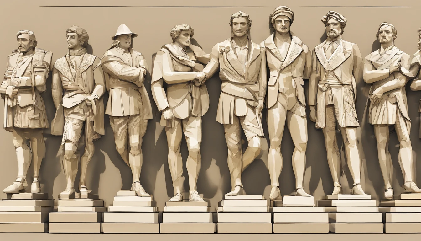 Several ivory statues of men in the style of Renaissance statues. An art in the form of a sketch