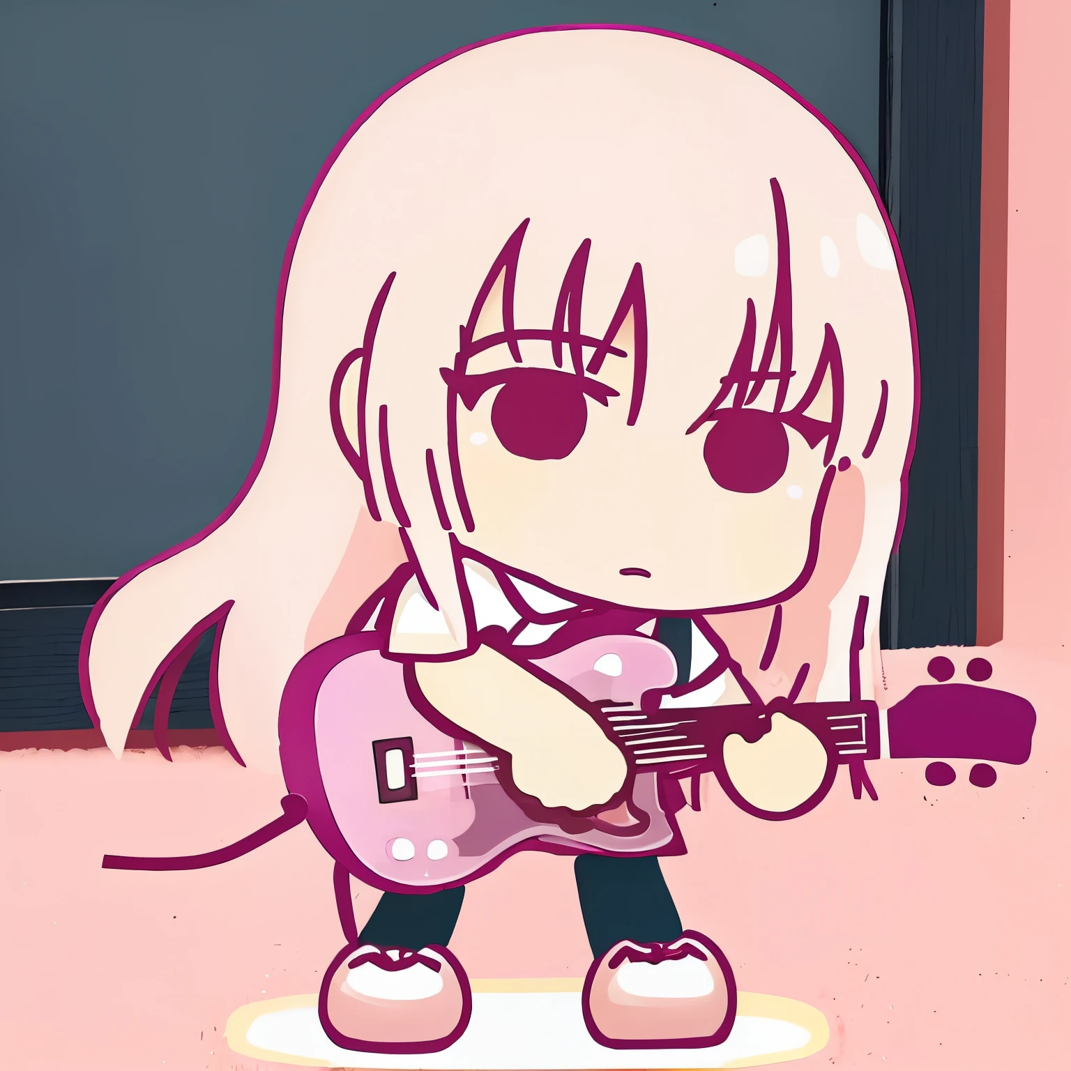 1girl, pink hair, Long hair, school uniform, Holding the guitar, chibi,