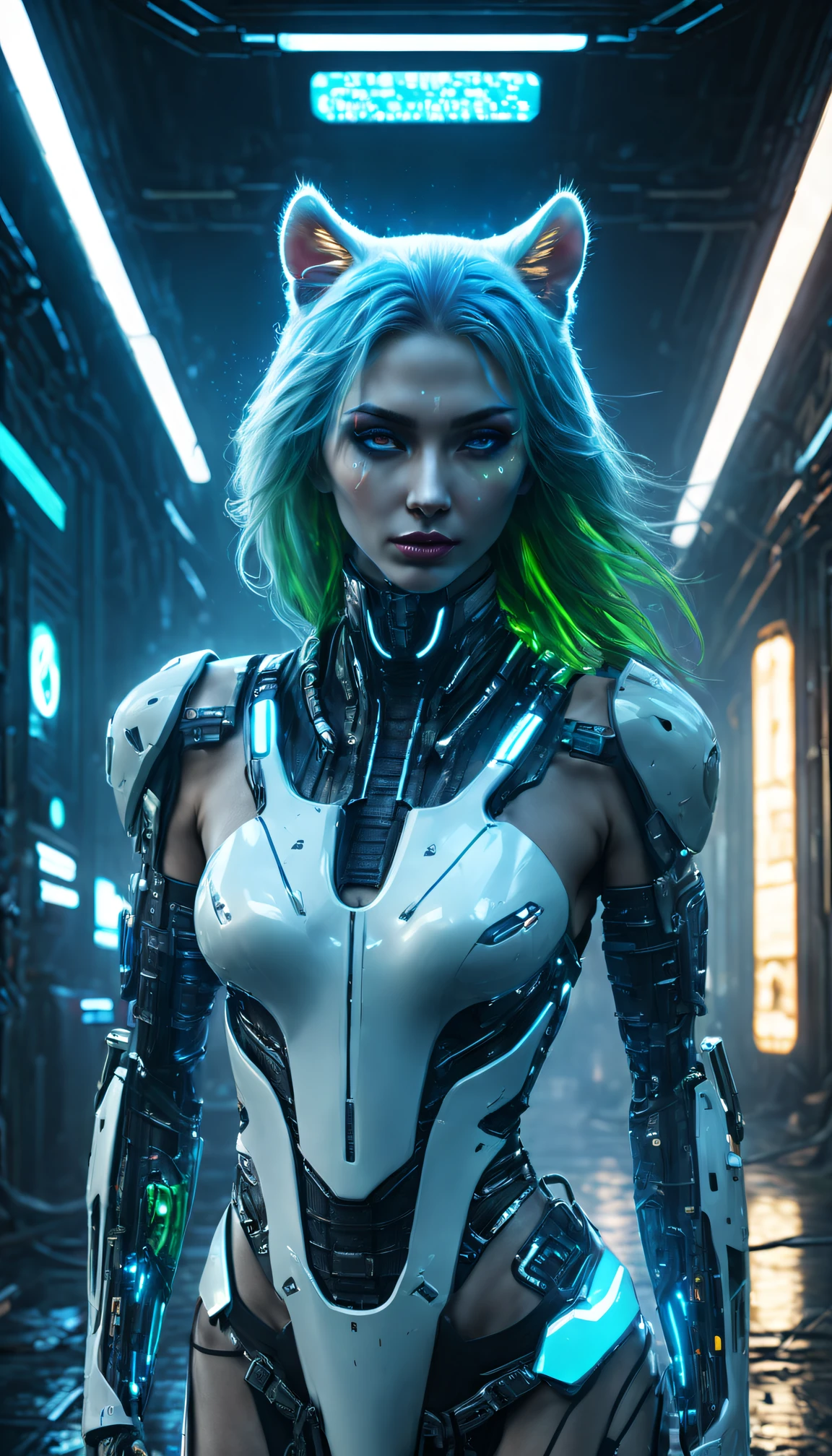 （Best quality，4K，8K，Tall structures，tmasterpiece：1.2），hyper-detailing，（realistically，photoreali，photoreali：1.37），cyber punk personage，White tiger and human hybrid，neonlight，dark and gritty atmosphere，Luminous implants，Sci-fi fashion，Reflective surfaces，Heavy rain and fog，Substantially modified body parts，Electric blue and neon green color scheme、cybernetically enhanced、Seamless fusion of human and animal characteristics，Amazing stature and feline agility，sparks flying，Technological progress，Impressive warping and marking，Snorkel and oxygen mask，criminal gang&#39;secret underground lab，Contrast of natural and man-made elements，Technology implants blend seamlessly into the body，sharp claws and teeth，Metal and chrome trim，Corroded and rusted structures，Digital display failure，Persistent sense of danger and uneasiness。