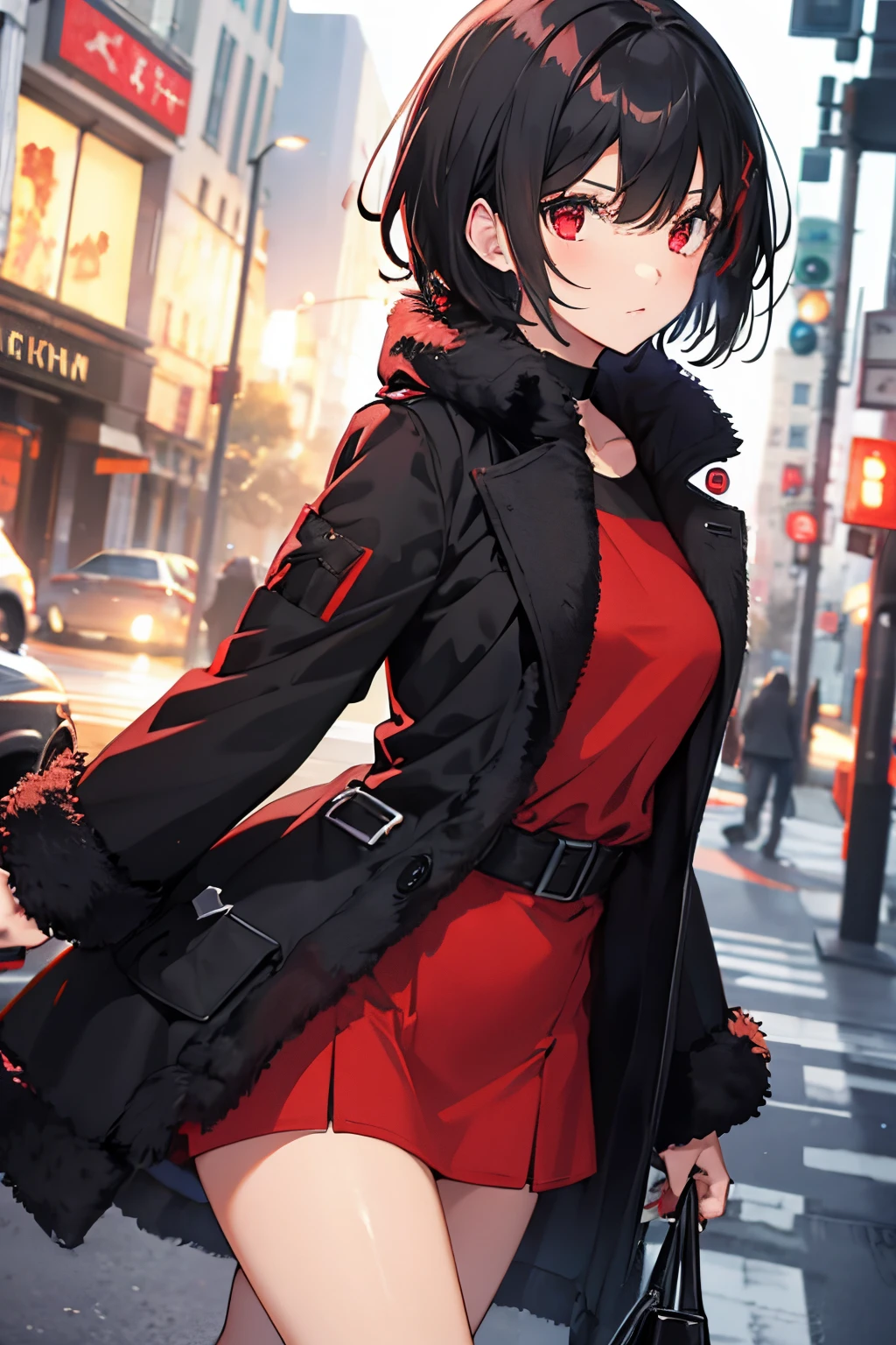 girl, black short hair, red eyes ,shaggy coat