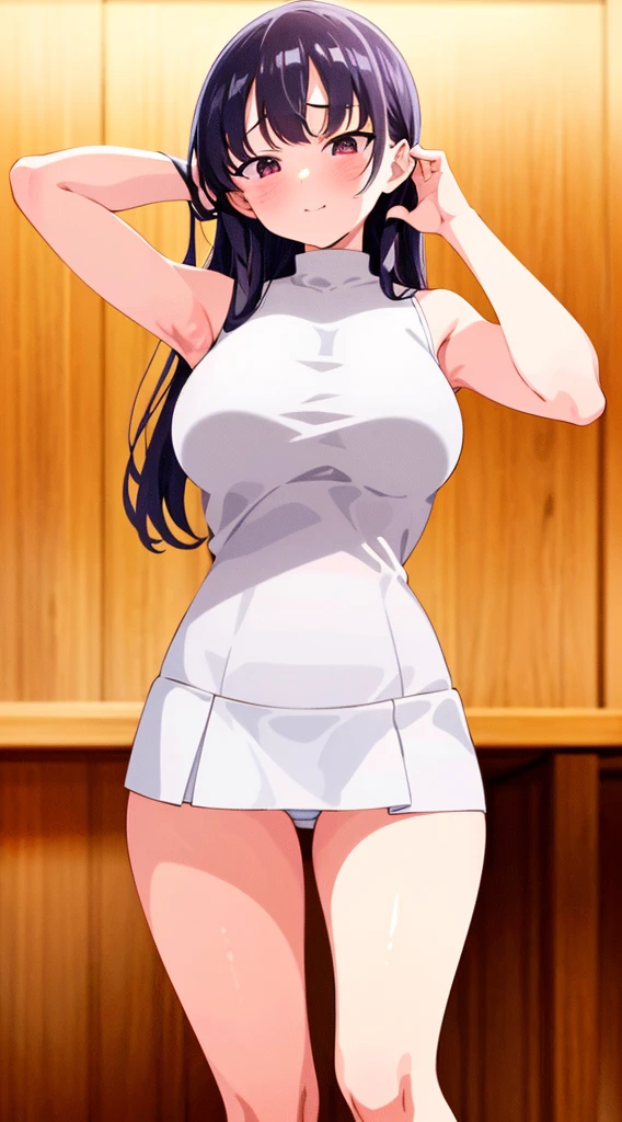 masterpiece, best quality, highres, Yamada Anna, 1girl, solo, busty, large breasts, black hair, long hair, sport bra, short skirt, looking at viewer, full body, standing, simple background, (erotic pose:1.4), blush, flustered, (panties exposed:1.3), ((arms behind head, double armpits, standing)), Half body, upper body, In the middle, symmetrical,