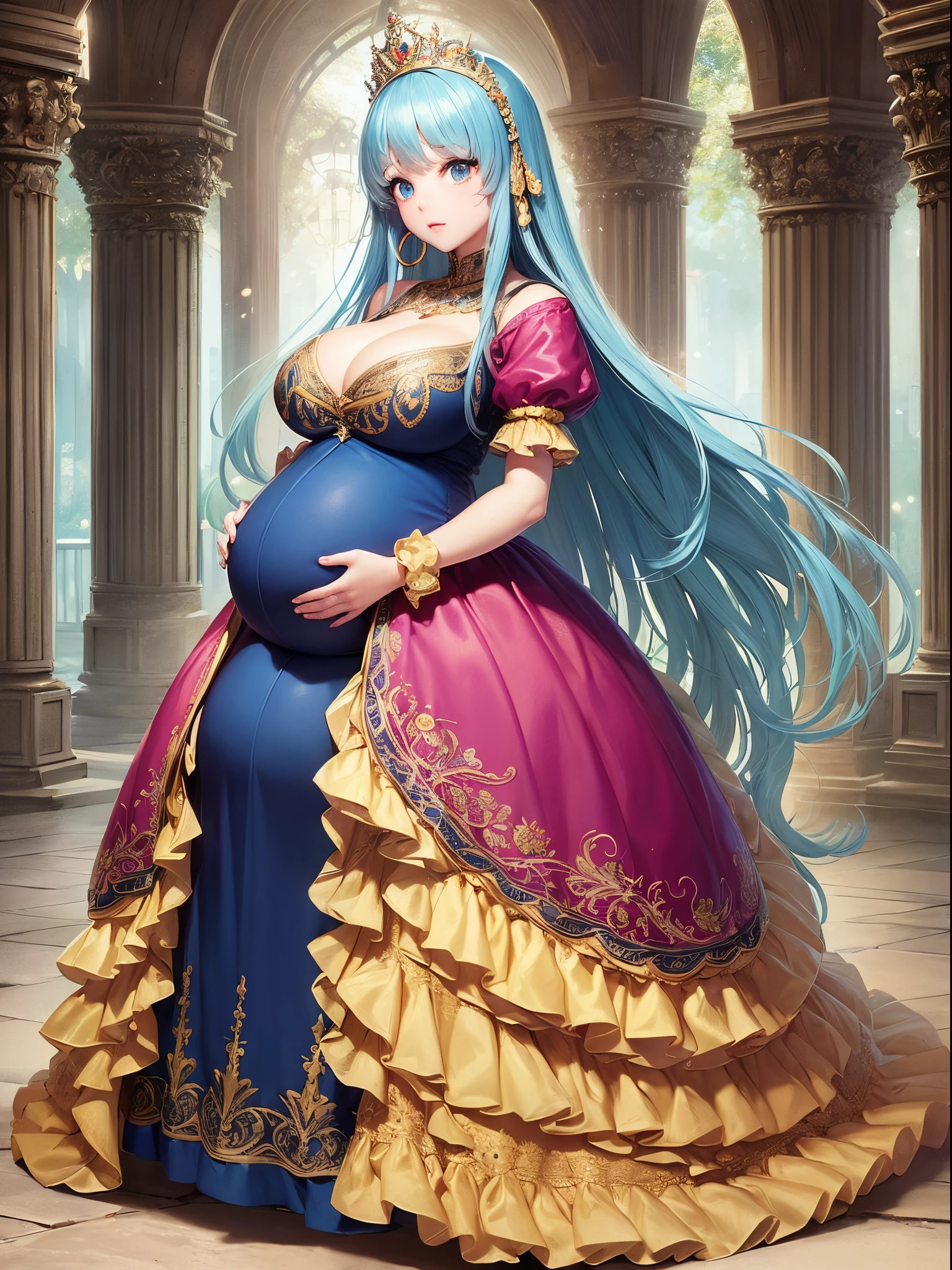 ultra-detailed, extremely detailed,((anime artstyle)),Masterpiece,(Best Quality),(Super Detail),(Very Delicate and Beautiful),((Solo)),(((full body))),full body,((detailed face and eyes)),perfect eyes, rendered eyes,jewel-like beautiful eyes,cry,((embarrassed)),((1 pregnant princess in beautiful embroidery and jeweled gorgeous rococo ballgown with frilled voluminous full length hoop skirt)),(((heavily pregnant))),((Crinoline)),beautiful embroidery and jeweled gorgeous rococo ballgown with frilled voluminous full length hoop skirt,(large amount of straight hair,extremely voluminous Very Long straight Hair,Absolutely Long Straight Hair),sparkly skin,(((very gigantic boobs,skindentation))),Bursting breasts,cleavage,((fantasy castle,outdoors,outside the castle)),long_gloves,extremely gorgeousfull jeweled hair ornament,(bling-bling extremely gorgeousfull jeweled tiara),(luxurious jewelry),full body,beautiful embroidery and jeweled gorgeous rococo ballgown with frilled voluminous full length hoop skirt