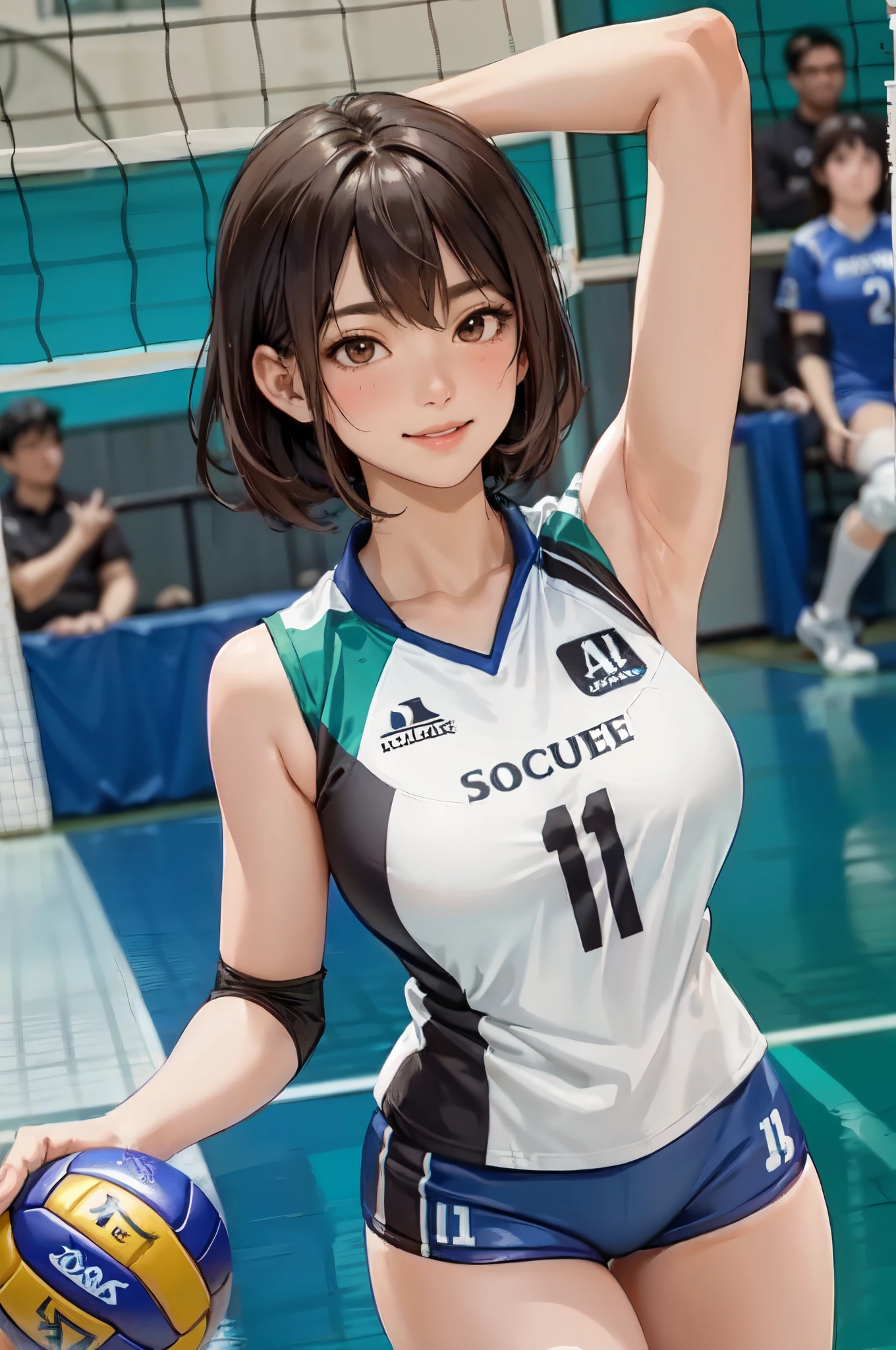 1lady solo, /(volleyball uniform/), /(dark brown hair/) bangs, blush light smile, (masterpiece best quality:1.2) delicate illustration ultra-detailed, large breasts BREAK /(volleyball court indoors/)