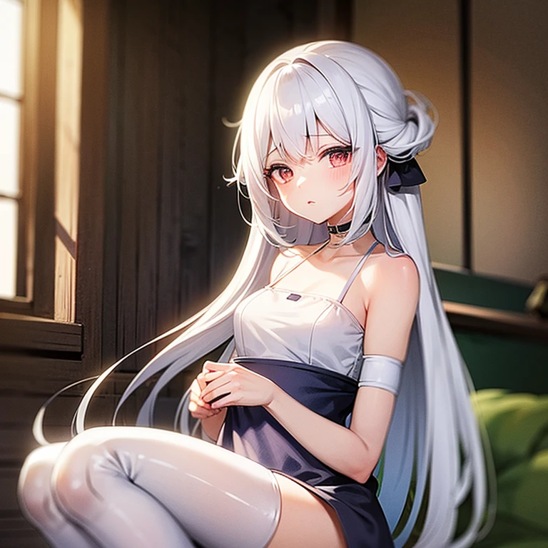 1girll, Long white hair, Purple eye, sportrait, photorealestic, Towels, (Onsen), side-lighting, the wallpaper, NSFW,Squat and spread your legs,bareness