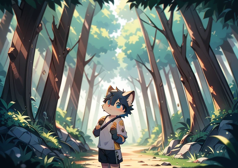 author:Jerrysk, author:Kirito, boy,furry wolf,((shota)), Blue and yellow hair,Blue eyes, The figure is good, Handsome,cute big breasts, optic:hazy light and shadow, Reflective skin,Redness of the skin,((worn-out clothing,Commoner)) ,((Deep in the forest,Stone road,flags,独奏,the only person)),Outdoor sunset,((the detail)),(depth of fields),The stands up