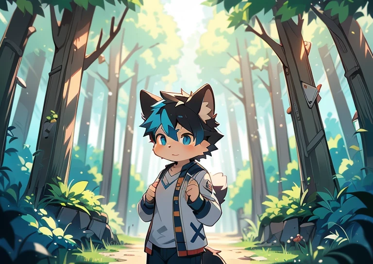 author:Jerrysk, author:Kirito, boy,furry wolf,((shota)), Blue and yellow hair,Blue eyes, The figure is good, Handsome,cute big breasts, optic:hazy light and shadow, Reflective skin,Redness of the skin,((worn-out clothing,Commoner)) ,((Deep in the forest,Stone road,flags,独奏,the only person)),Outdoor sunset,((the detail)),(depth of fields),The stands up