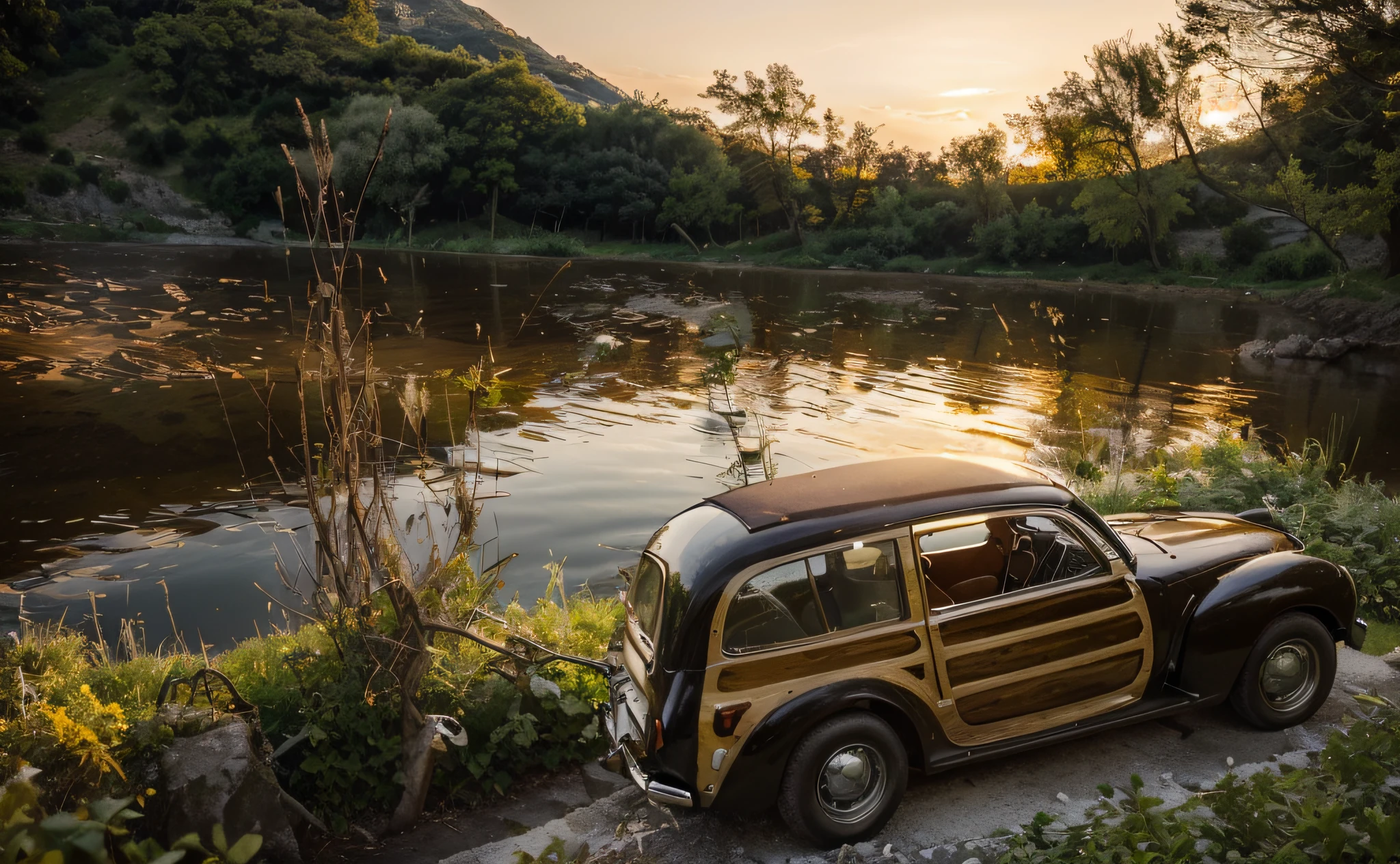 (auto fiat modello Belvedere giardiniera anno 1952 in primo piano hd 8k su strada asfalto grigio),ultra-dettagliato,fotorealistico:1.37,professionale,colori vivaci,ritratti,stile vintage classico,artigianato italiano,design retrò,lungo paraurti cromato lucido,fari arrotondati,sedili in stoffa a righe,interni in pannelli di legno,giardino verde lussureggiante sullo sfondo,foglie autunnali croccanti,rugiada scintillante sull'erba, luce del sole che filtra attraverso gli alberi, atmosfera pacifica, ombre e luci sottili, larghezza e profondità nella composizione, auto d'epoca italiana in ottime condizioni, vernice lucida scintillante, logo dettagliato ed emblema sul cofano, accenti cromati lungo il lato, curve e silhouette splendidamente scolpite, classici pneumatici a parete bianca, riflesso dell'ambiente circostante sulla superficie lucida, impeccabile attenzione ai dettagli, Restauro immacolato, eleganza e fascino senza tempo.