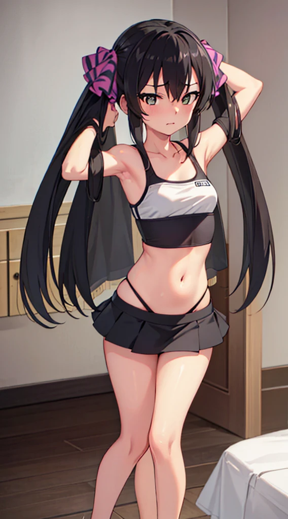 masterpiece, best quality, highres, Matoba Risa, 1girl, solo, busty, flat breasts, black hair, twintail, sport bra, short skirt, looking at viewer, full body, standing, simple background, (erotic pose:1.4), blush, flustered, (panties exposed:1.3), ((arms behind head, double armpits, standing)), Half body, upper body, In the middle, symmetrical,