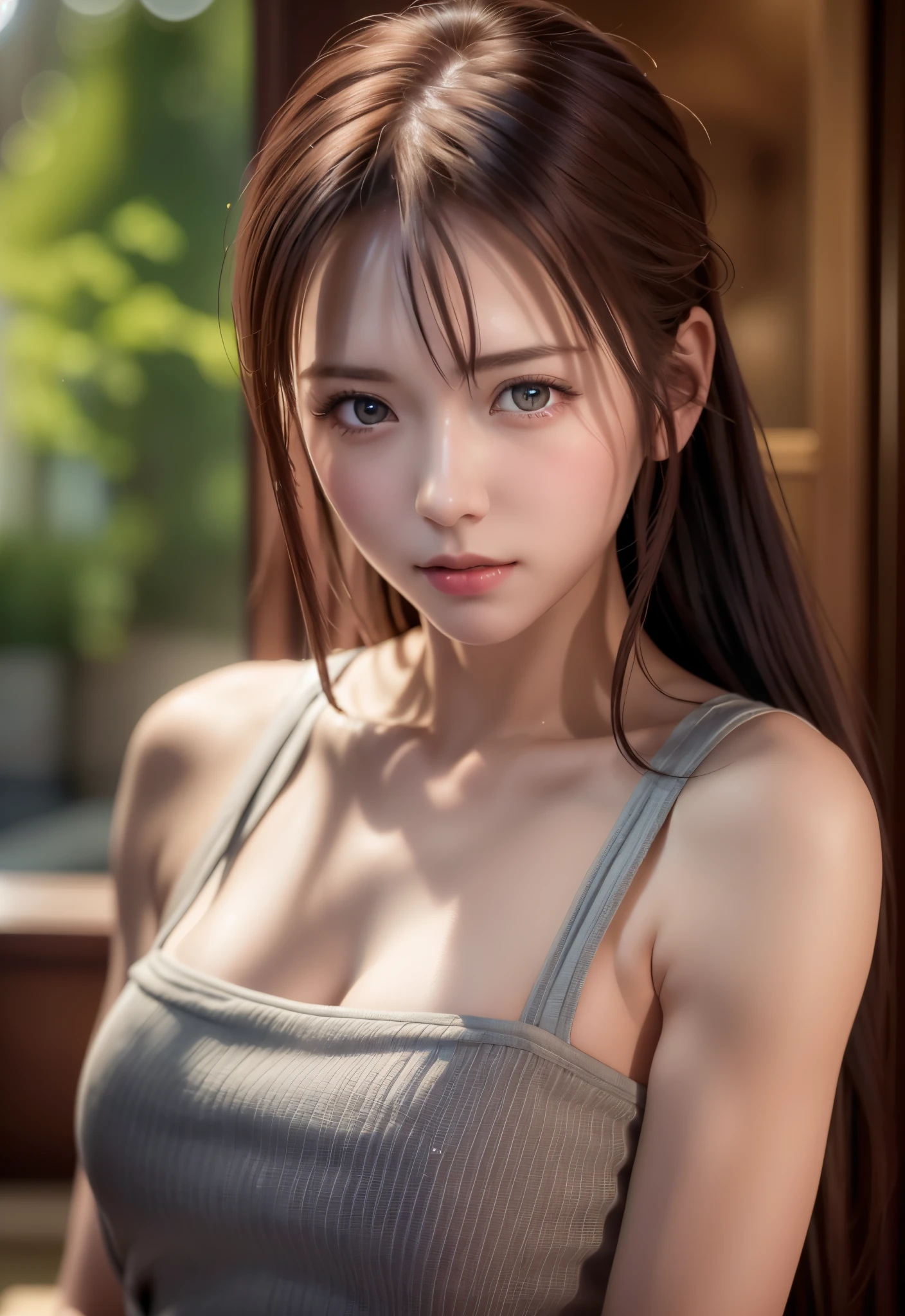 8K, of the highest quality, masutepiece:1.2), (Realistic, Photorealsitic:1.37), of the highest quality, masutepiece, Beautiful young woman, Pensive expression, Gentle eyes, Apron naked、Lovers、Hair tied back, Messy mood, Cinematic background,  Light skin tone