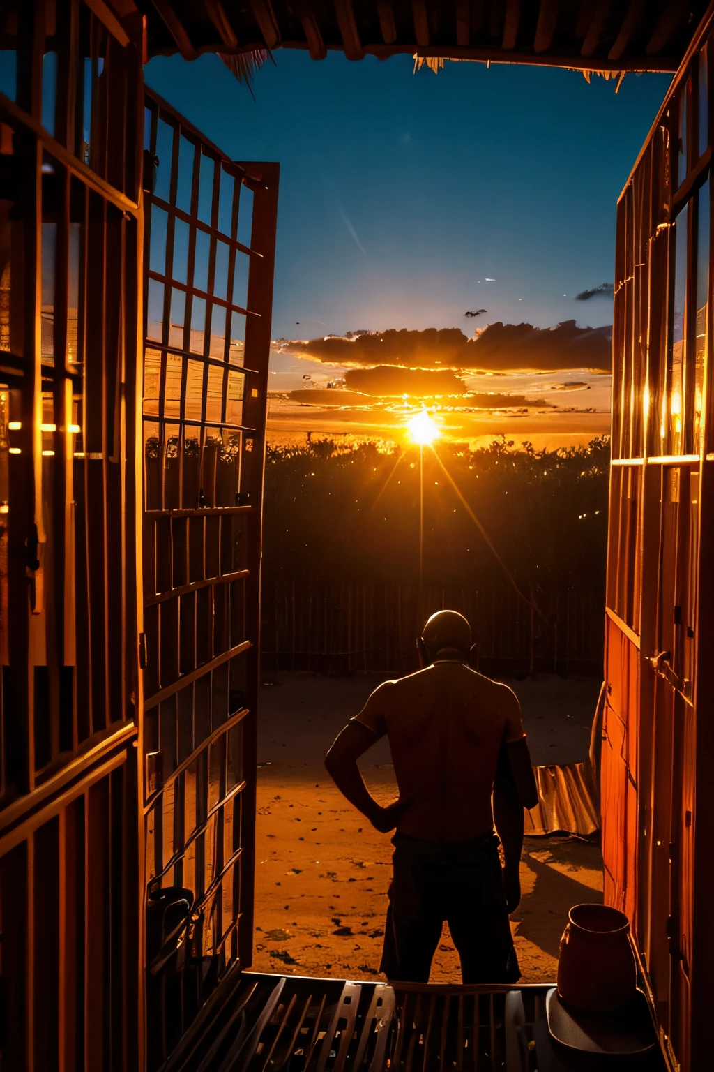 As the sun set on the horizon, the aboriginal people in their cages were bathed in a warm orange glow. But their eyes were filled with sadness, for they longed to be back in their homes, free from the confines of their cages.