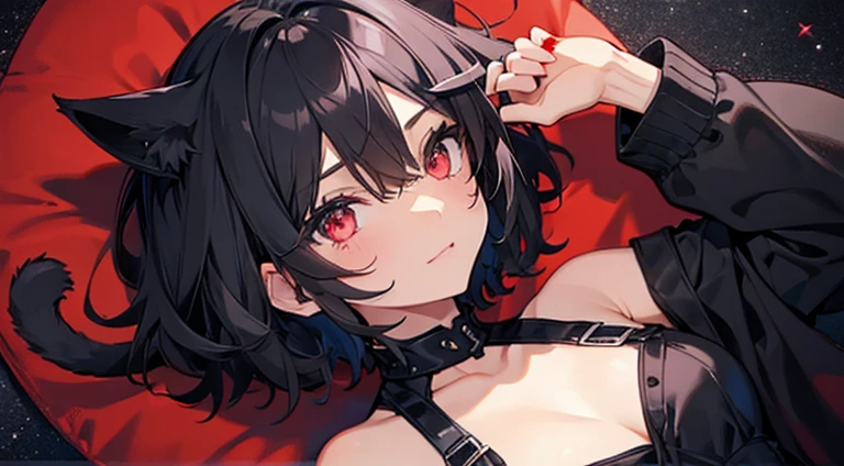 girl, black short hair red eyes, cat ears
