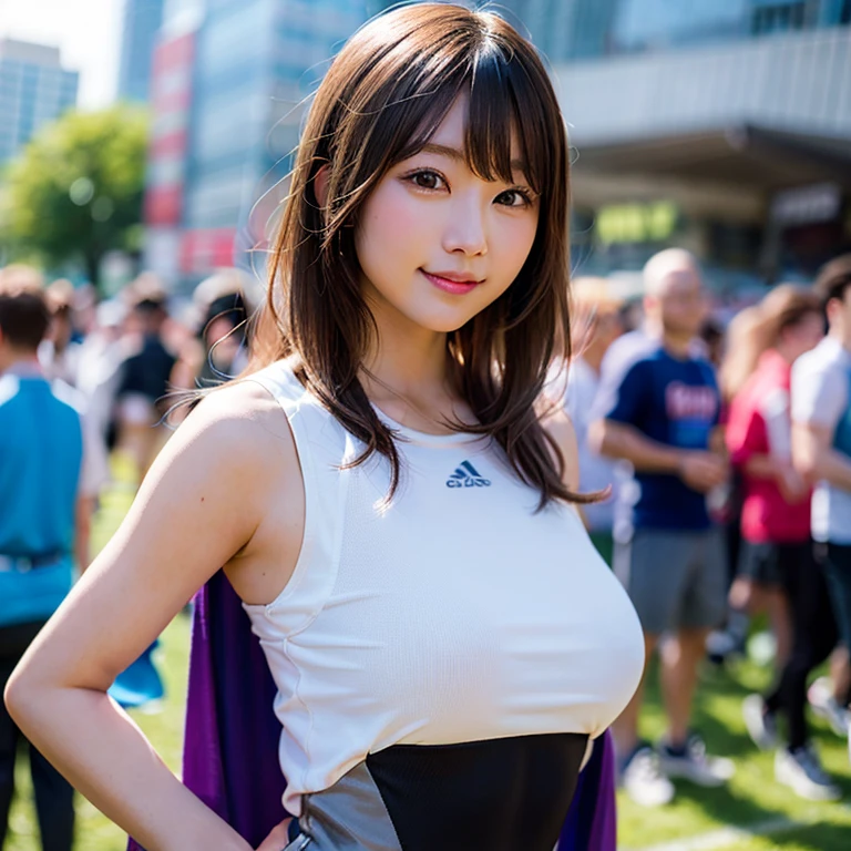 (8K、Raw photography、best qualtiy、masterpiece:1.2)、(realisitic、Photorealsitic:1.37)、ultra-detailliert、超A high resolution、1人、see the beholder、beautifull detailed face、a smile、Constriction、(Slim waist) :1.3)、Shirts、Beautiful detailed skin、Skin Texture、Floating hair、Professional Lighting、The upper part of the body、Whole human body、Longhaire、a blond、Women's Marathon Uniforms、athletic field, Big Breast,