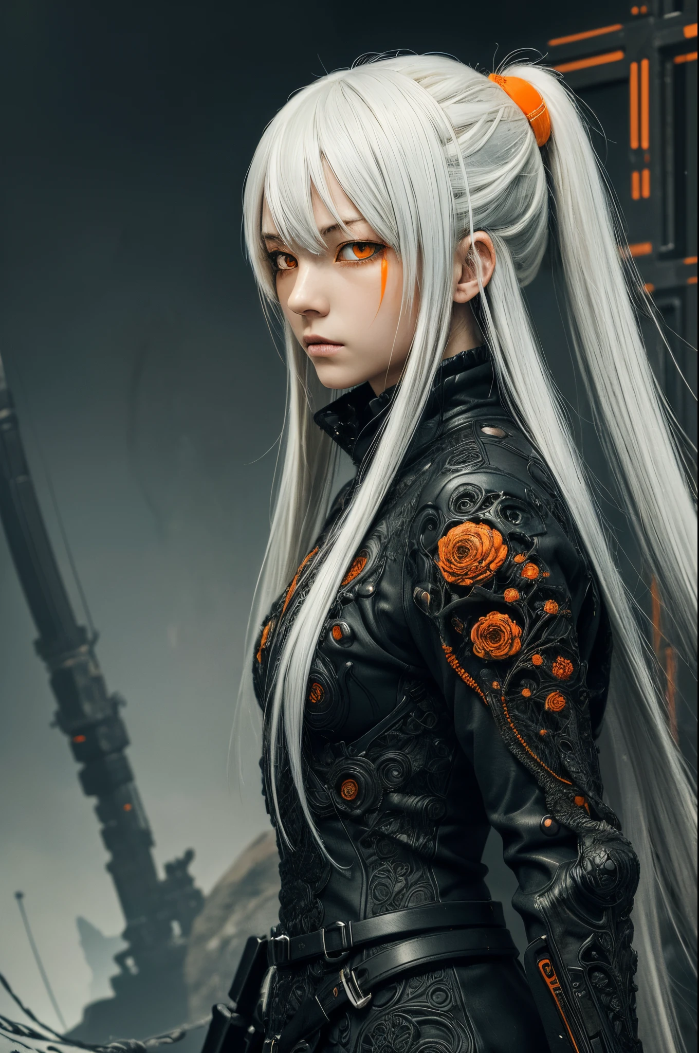 style of Tsutomu Nihei,(incredibly absurdres, (high resolution:1.18), intricate detail, (masterpiece:1.1), (highest quality:1.1), absurdres),(1girl, portrait, white hair, orange eyes, long hair, detailed eyes),