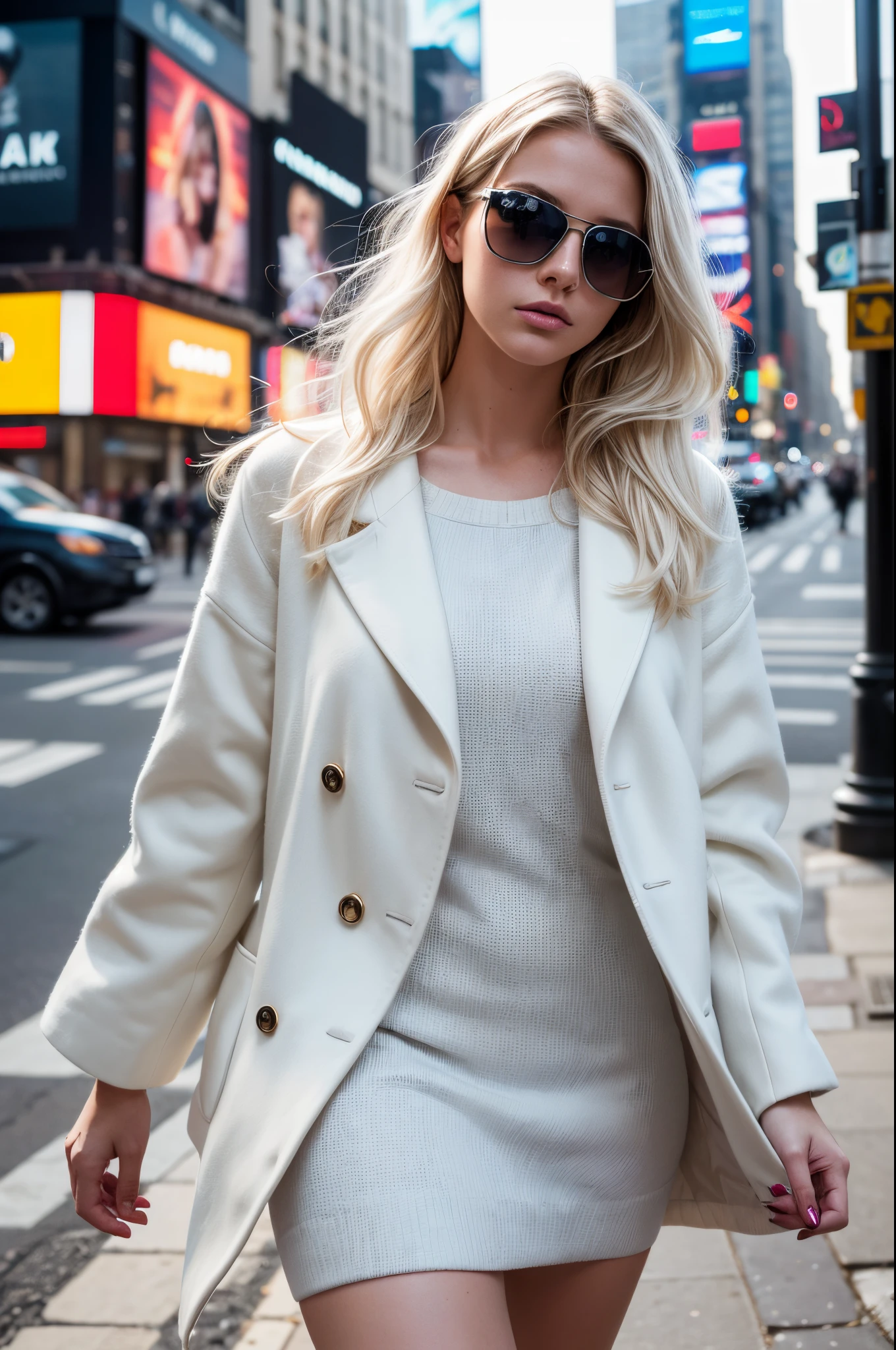 White hair, White hair, glowing hair, Detailed hair, Messy hair, Blue Eyes, beautidful eyes, extremely detailed eyes and face, Beautiful detailed eyes, Ultra-detailed, light on the face, Fair skin, a 18 year old girl, Arafe(Arafe) Swedish female model walking down a busy city street in a dress......, Fashion model ratio, model poses, sunglasses that shed tears, digital art, In Paris, standing in paris, Street photography in 4x5 style, Street Photography, street photography style, Filmed with Hasselblad, Filmed in Hasselblad, ((Anamorphic lenses)), (lens flares), chanel advertising, In Times Square, Street Photography, Street Photography, kodak 400tx, mesmerizing, (Low Key),