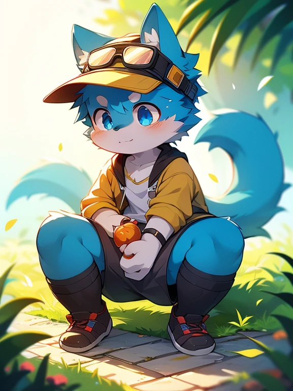 author:Jerrysk, author:Kirito, mammal, hairy pubic, male people, Alone, dressed in, Sun Visor, 夏天,blue yellow hair,blue yellow ears,Blue eyes,adolable,shota