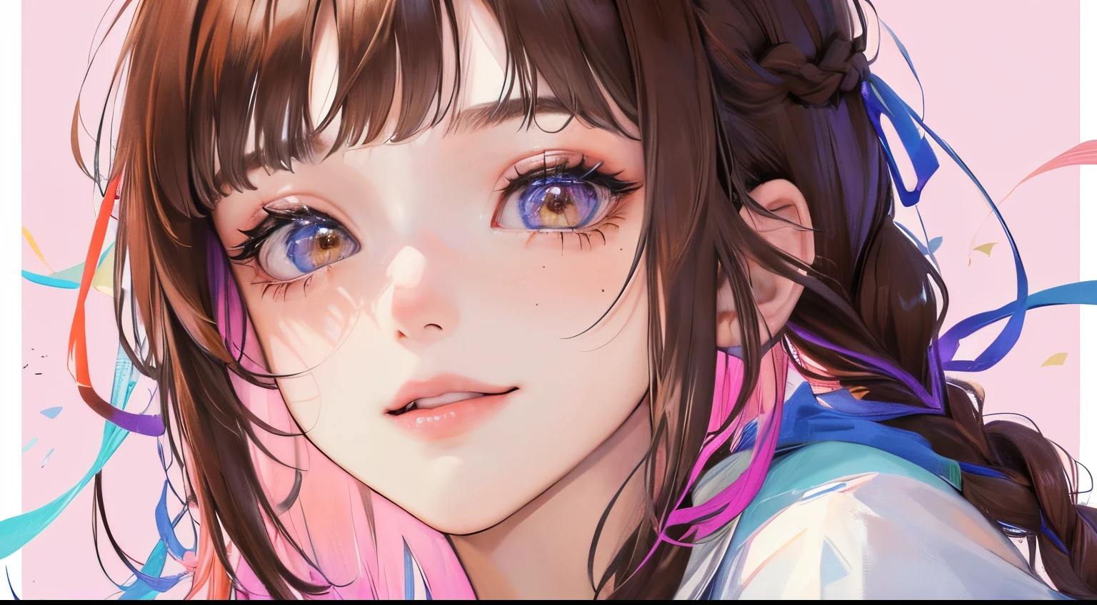 (((1人の女性)))、(Top resolution、Distinct_image) best qualtiy、(((Pop)))、1990's、((colorful backdrop))、((illuminating))、ighly detailed、Semi-realistic、Brown hair、((makeups)),Braided hairstyle、A smile、bangss、20yr old、年轻、((tshirts))、delicated facial features、Facial features、View from below