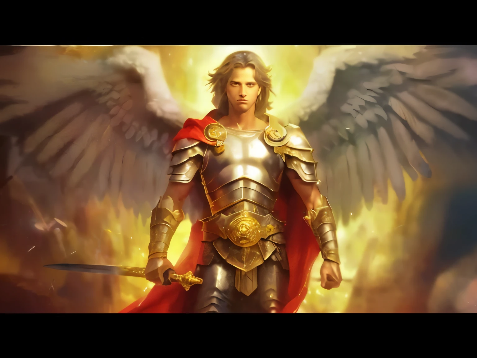 a man in armor holding a sword and a sword in his hand, Arcanjo Miguel, arcanjo, saint michael the angel, angel in plastic armor, biblical accurate angel, cheio de pinturas de anjos, Armadura Dourada Angelical, gold gates of heaven!!!!!!!!, angel spirit guide, biblical epic movie, epic angel wings, Miniatura do YouTube, O Deus Imperador da Humanidade