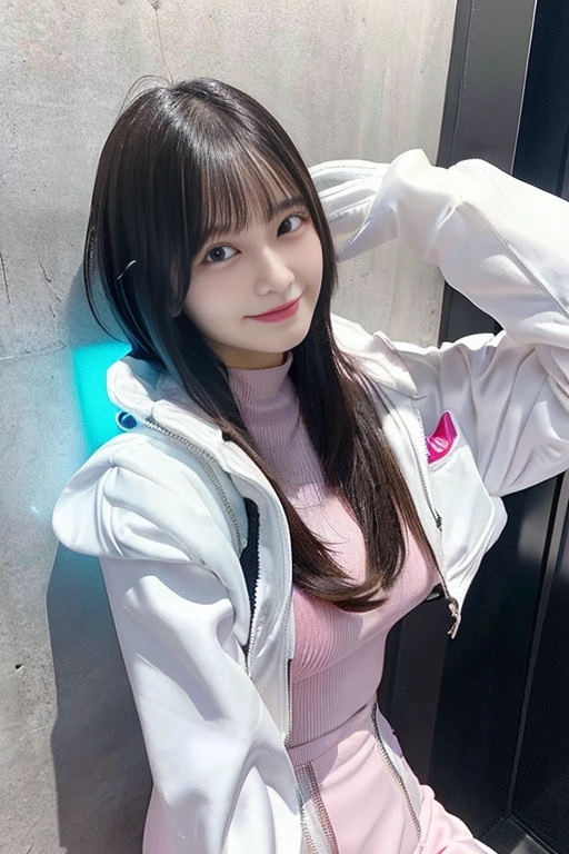 (put index finger on mouth, shiny rubber suit, stare at viewer, leaning forward, 1 girl, looking at viewer, from front, facing straight at viewer, pink and white clothes, white gloves, futuristic space suit, inside spaceship room), smile, upper body, body suit, short pencil skirt, high neck clothes, hide the neck, drooping eyes, head tilt, masterpiece, best quality, an extremely cute girl, 20 years old, girl, black hair, middle short hair