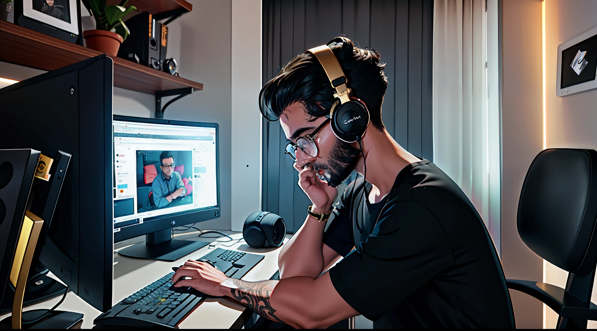 design,1 Homem ,vestindo camiseta branca , cabelos pretos longos , homem coque cabelo preto, de lado, typing,wearing gold glasses, cadeira, computador, headphones on head, dentro, teclado_\(computador\), laptop, monitor, rato_\(computador\), monitor, Cortinas, Noite, janela, Milan background