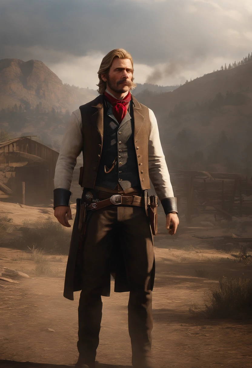 A photo of the chaos following a loud explosion, with smoke and debris filling the air.,Red Dead Redemption 2,Micah has shoulder-length blond hair, along with a thick horseshoe mustache and side-whiskers. Micah is slightly portly and often wears an undone black leather coat, a red or black shirt accompanied by a red vest, a blue neckerchief, beige trousers, and a white hat.
