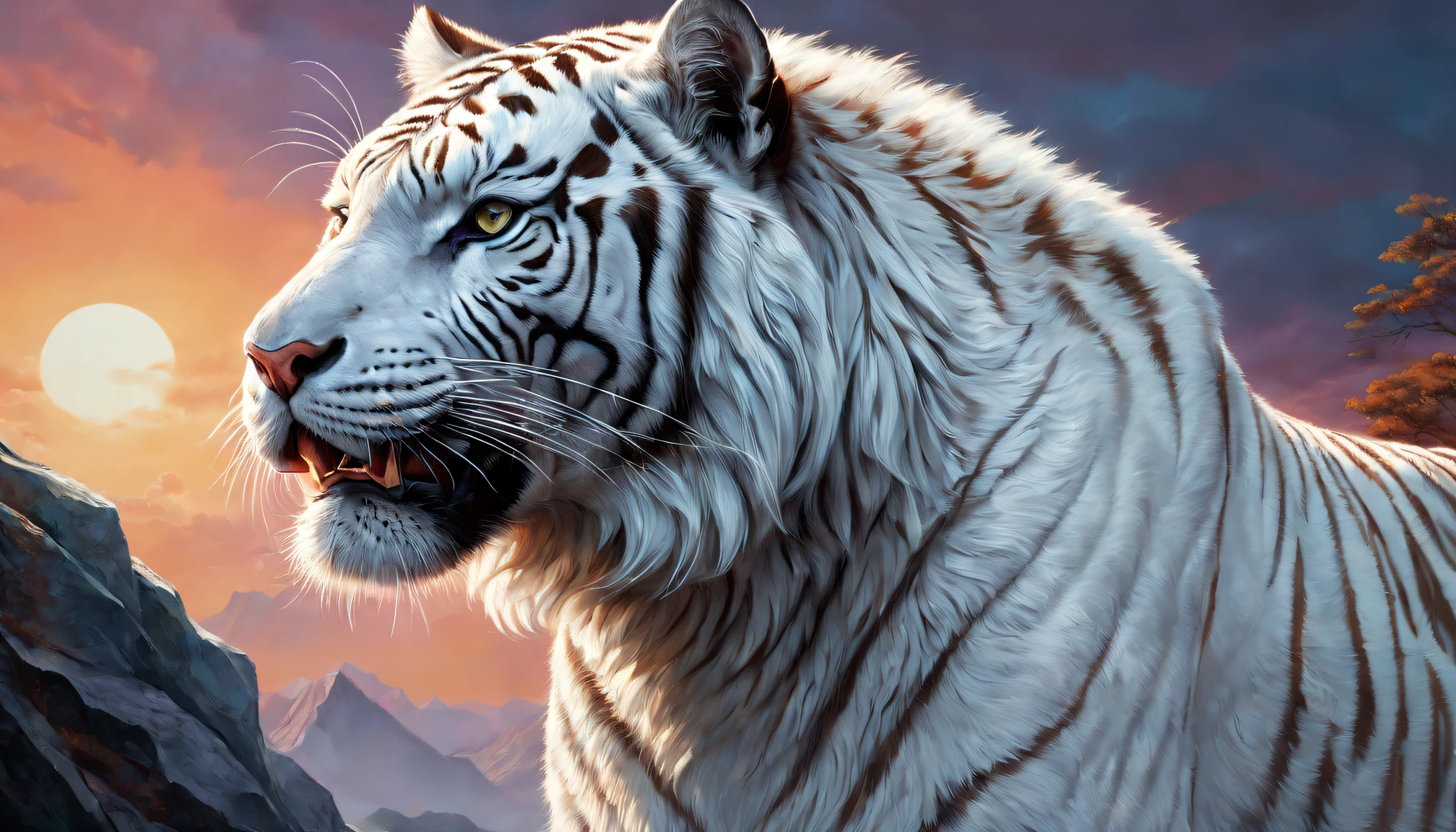 Best quality at best,ultra - detailed,actual,vivd colour,White Tiger,sportrait,illustratio,Focus sharp,Vibrant background,Delicate fur,Expressive eyes,Intense expression,Striking pose,majestic feeling,Stylized rendering,Beautiful contrast,Thick lines,Rich textures,a hint of fantasy,Unique character design,Colorful palette,dynamic compositions,dramatic lights,animal attributes,Emotional intensity,Lively brushstrokes,Strong sense of presence,noble existence,Powerful aura,Wonderful details,lifelike features,Surreal elements,a captivating gaze,condescending,Hypnotic eyes,Enigmatic Atmosphere,Vibrant brushstrokes,perfect anatomia,symbolic representation,heroic figure,Impressive figure,vivid imagination,awe-inspiring,Unforgettable artwork.