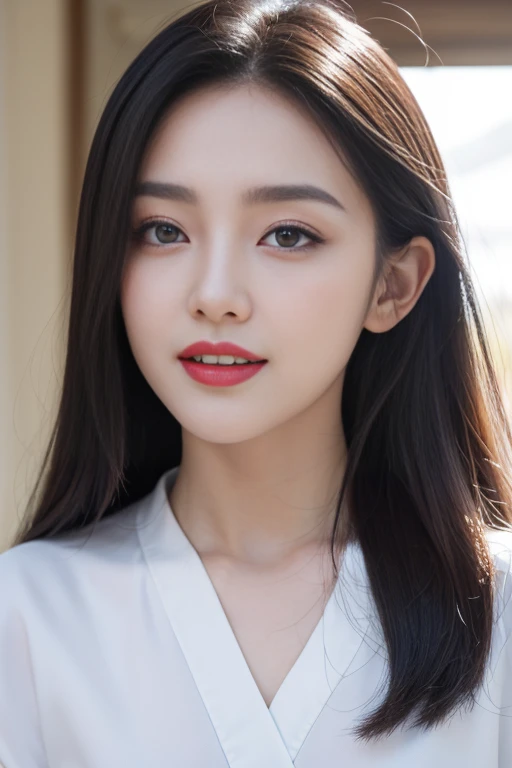 tmasterpiece, quality, 8K, Huang Li, A beautyful girl, kawaii, External,(Half a body:1.2), (:1.5), Wear a cashmere headscarf, (long and dark brown hair),good body, and makeup, , Near and far law, depth of fields, Surreal, A high resolution, photore, lock focus, north african free trade area, face lamp, 动态照明, highest details, extremly high detail、ultra - detailed、the detail、Genuine skin、exquisite facial features、prone to negative emotions