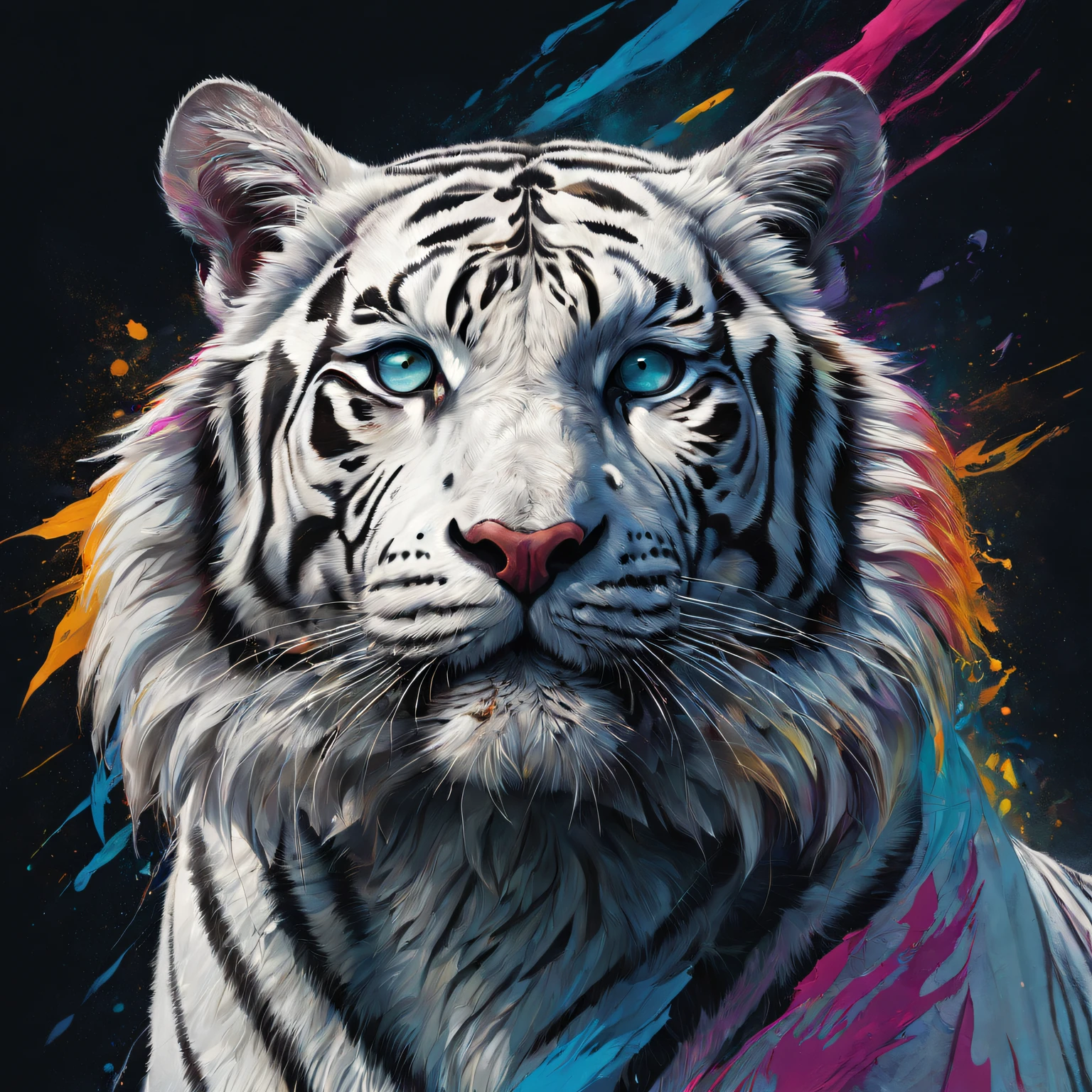 Best quality at best,ultra - detailed,actual,vivd colour,White Tiger,sportrait,illustratio,Focus sharp,Vibrant background,Delicate fur,Expressive eyes,Intense expression,Striking pose,majestic feeling,Stylized rendering,Beautiful contrast,Thick lines,Rich textures,a hint of fantasy,Unique character design,Colorful palette,dynamic compositions,dramatic lights,animal attributes,Emotional intensity,Lively brushstrokes,Strong sense of presence,noble existence,Powerful aura,Wonderful details,lifelike features,Surreal elements,a captivating gaze,condescending,Hypnotic eyes,Enigmatic Atmosphere,Vibrant brushstrokes,perfect anatomia,symbolic representation,heroic figure,Impressive figure,vivid imagination,awe-inspiring,Unforgettable artwork.