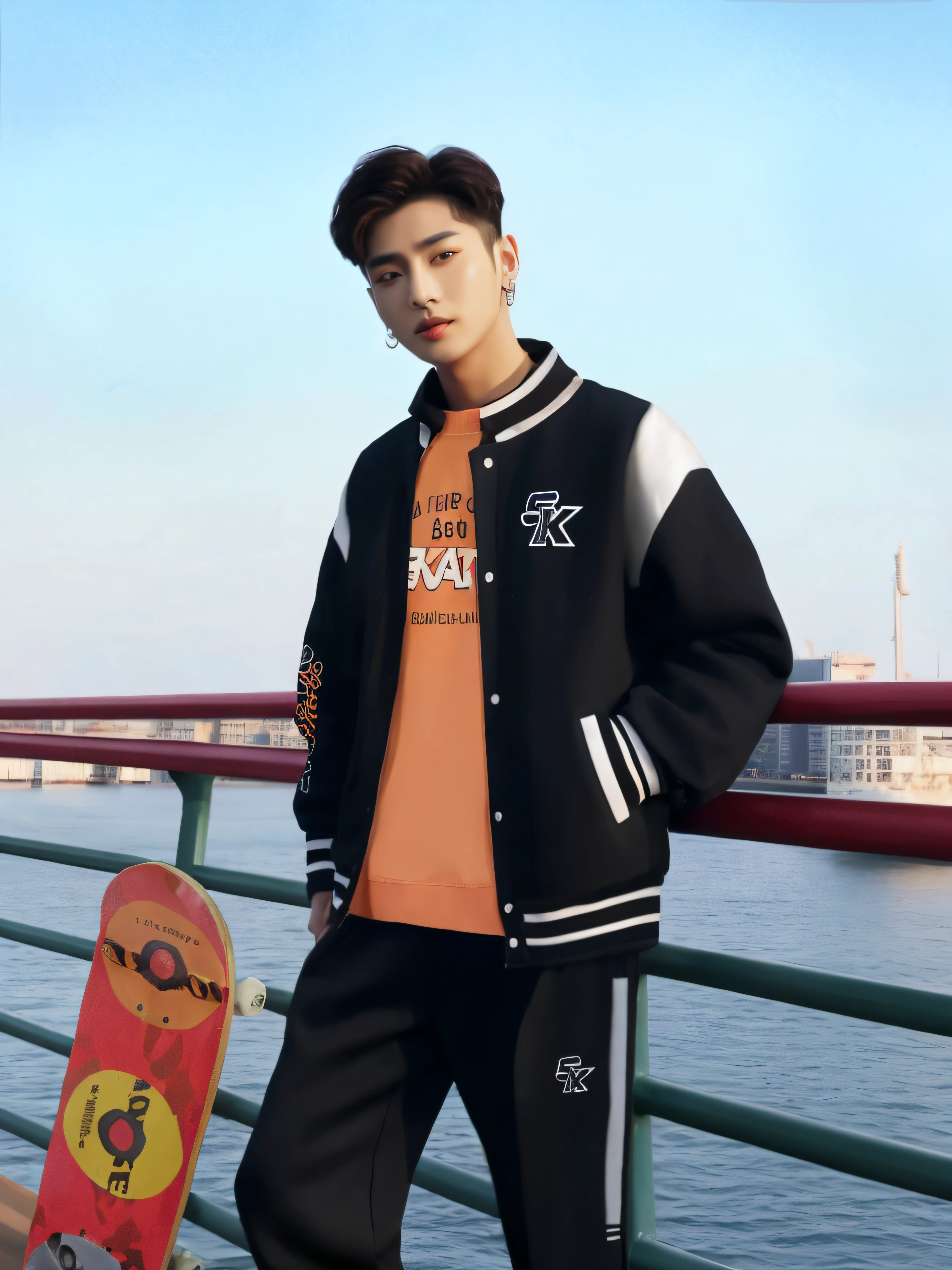 Alafid man wearing black jacket and orange shirt standing next to skateboard, cai xukun, Kim Do-young, inspired by Gang Hui-an, Inspired by Bian Shoumin, inspired by Zhang Han, Qi Urzan, Inspired by Jiang Shihuang, inspired by Kim Myeong-guk, kim jung gi style, kpop idol portrait