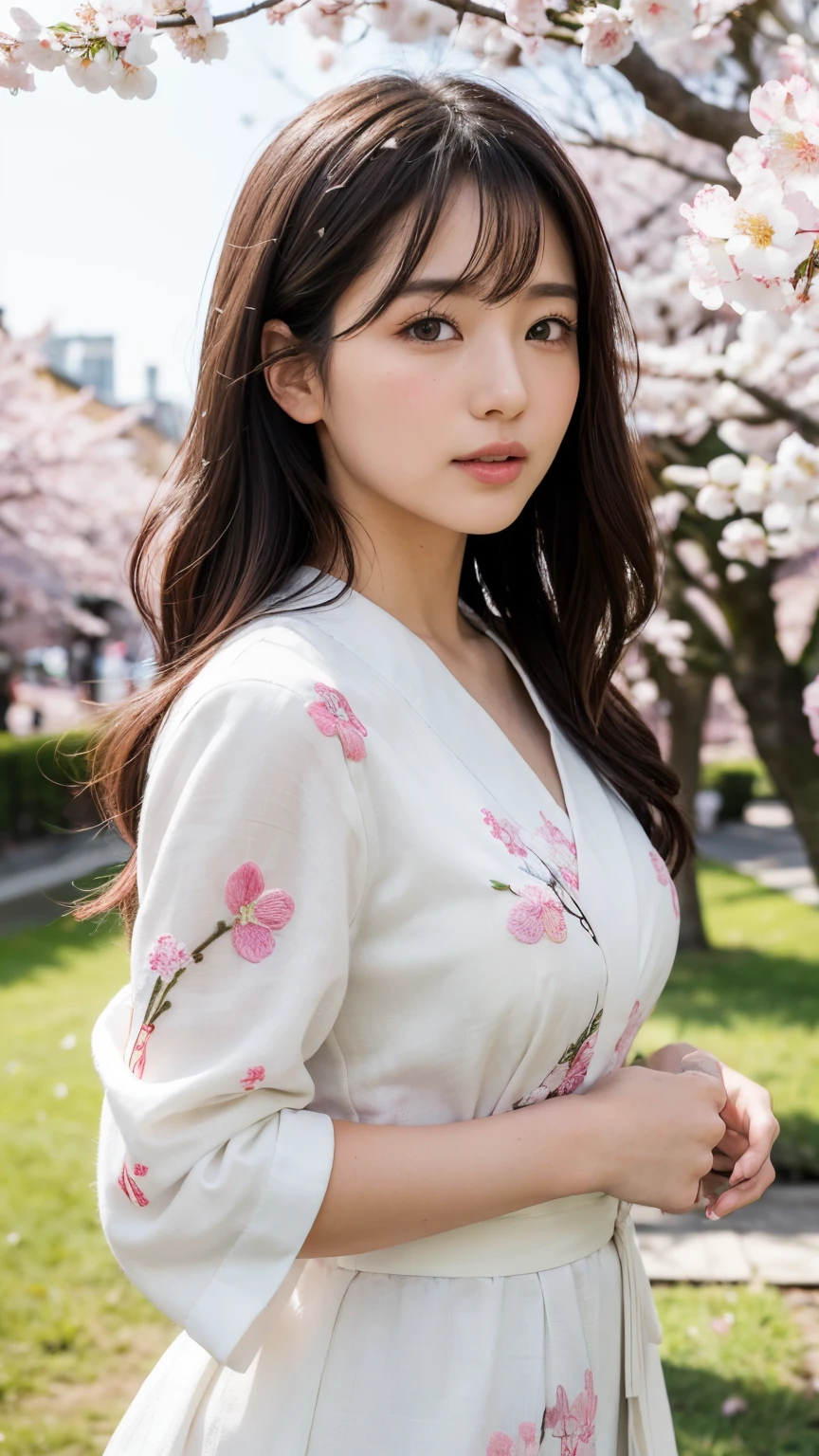 (A logo、​masterpiece、8K、masutepiece、Raw photo、Fantastic、Best Quality、Photorealistic、extremely detailed CG unified 8k wallpaper、hightquality、ighly detailed、epic poem、Particle effect、Dynamic effects、depth of fields、Cinematic Light、Lens Flare、Ray tracing)、Fantasia、 (Beauty 1 person、White Japanese Clothing、Japanese dress、White cherry blossom pattern、White cherry blossom embroidery pattern、A dark-haired、Beautiful face、Real Face、Beautiful detail eyes、Beautiful skin)、Hair flutters in the wind、Hair jumps、Pink cherry blossom tree、Petals flutter、Sakura blizzard、Superb view、morning glow、Sun in the background、the wind、Deities、tusk、myth、Vast Land、
