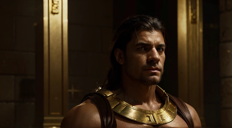 Imagine an image of Samson with long, golden hair, destacando-se em contraste com sua pele bronzeada. Seus cabelos fluem pelo ar, como se estivessem vivos, captando a luz do sol. The expression on your face is powerful, com olhos determinados e um sorriso confiante. He's standing, with tense muscles, Ready to perform a demonstration of his strength under the gaze of a crowd. Ao fundo, You can see a biblical scene, with people dressed in period costumes and an architecture that harkens back to ancient times, evoking the historical atmosphere of Samson's story. essse homem careca e cego