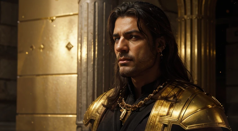 Stock stoic man,This is the historical position of Greece,Muscular 8K movie profile with Hercules style and dark background,Gold texture,Twinkle with gold,Movie light source