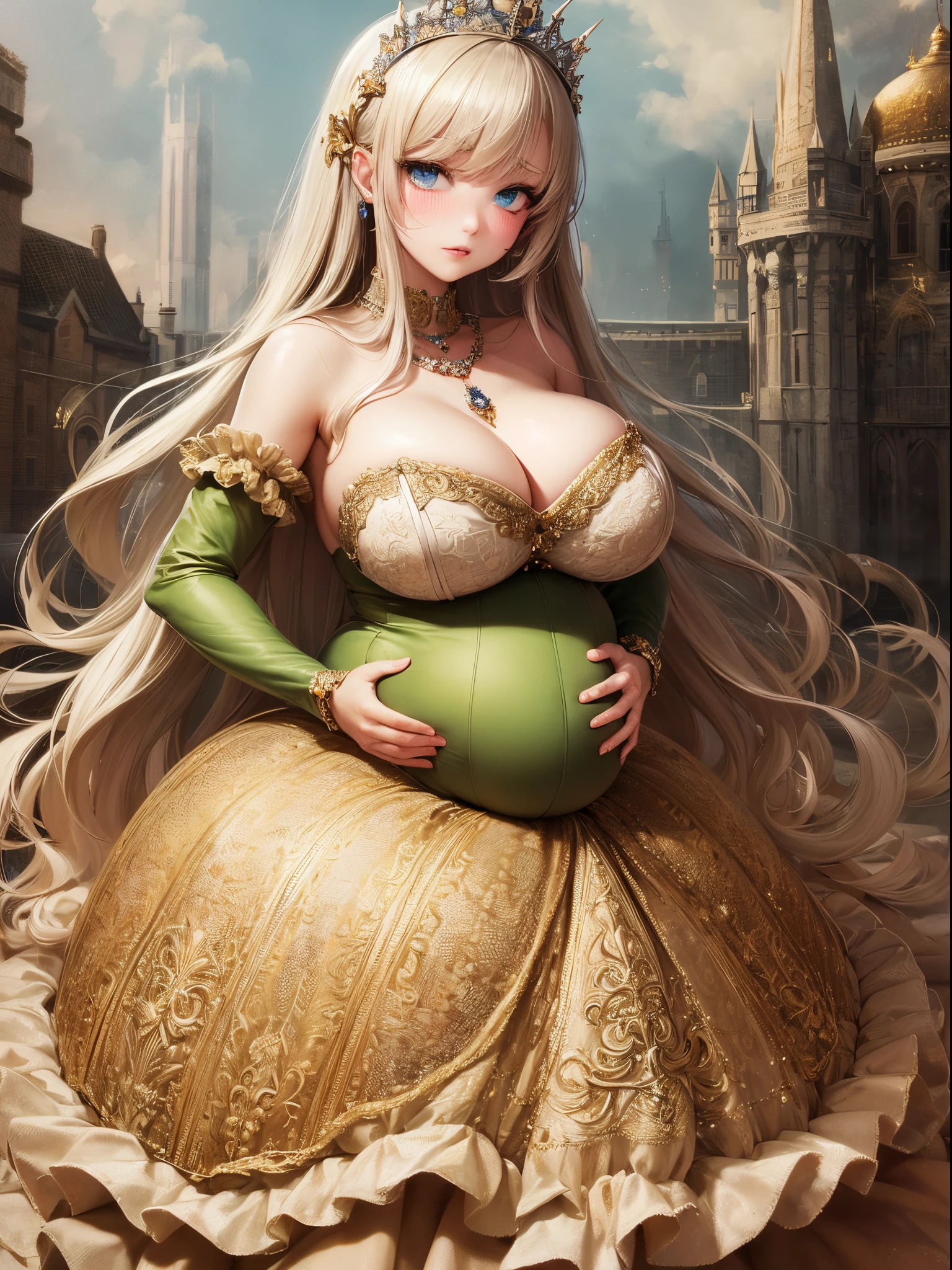 ultra-detailed, extremely detailed,((anime artstyle)),Masterpiece,(Best Quality),(Super Detail),(Very Delicate and Beautiful),((Solo)),(((full body))),full body,((detailed face and eyes)),perfect eyes, rendered eyes,jewel-like beautiful eyes,cry,((embarrassed,blush)),((1 pregnant princess in beautiful embroidery and jeweled gorgeous rococo ballgown with frilled voluminous full length hoop skirt)),(((heavily pregnant))),((Crinoline)),beautiful embroidery and jeweled gorgeous rococo ballgown with frilled voluminous full length hoop skirt,(large amount of straight hair,extremely voluminous Very Long straight Hair,Absolutely Long Straight Hair),sparkly skin,(((very gigantic boobs,skindentation))),Bursting breasts,cleavage,((fantasy castle,outdoors,outside the castle)),long_gloves,extremely gorgeousfull jeweled hair ornament,(bling-bling extremely gorgeousfull jeweled tiara),(luxurious jewelry),full body,beautiful embroidery and jeweled gorgeous rococo ballgown with frilled voluminous full length hoop skirt