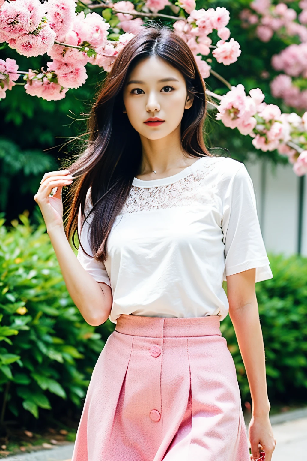 （The body details are very rich，The face is very detailed，Best quality：1.2） ，A woman is，（Bougainvillea wearing lace pink in background，Very confusing：1.4）Dandelions flutter in the wind，a Korean girl，HD photo effects,Artistic photos,White skirt fluttering in the wind，accurate brunette，pretty  face