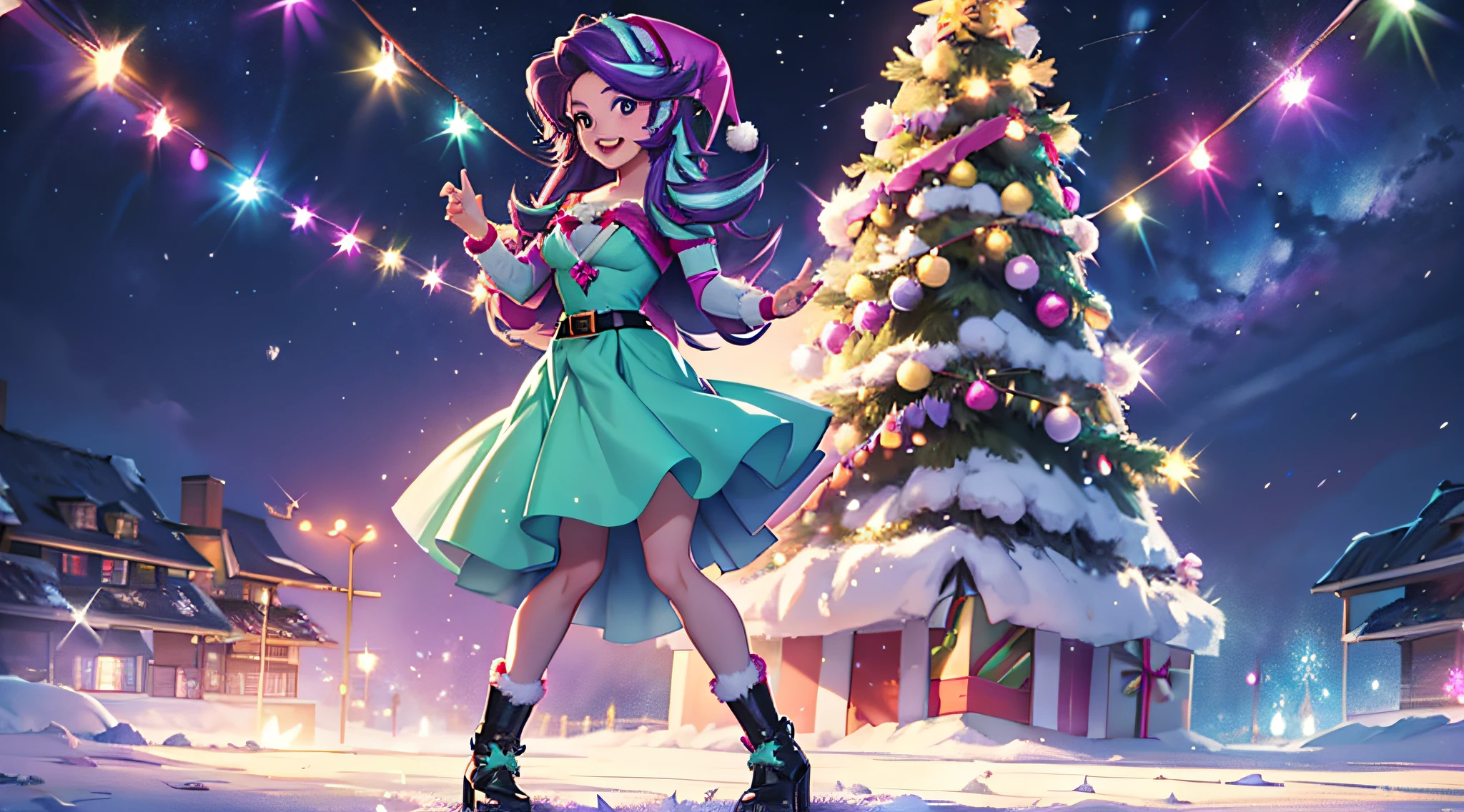 Starlight flickering, Twinkle of starlight from the movie "My Little Pony", big breastes, New Year, Santa Claus costume, fir, Christmas, snowing, Sexy, New Year's Eve Outfit, in full height, super quality, Detailed