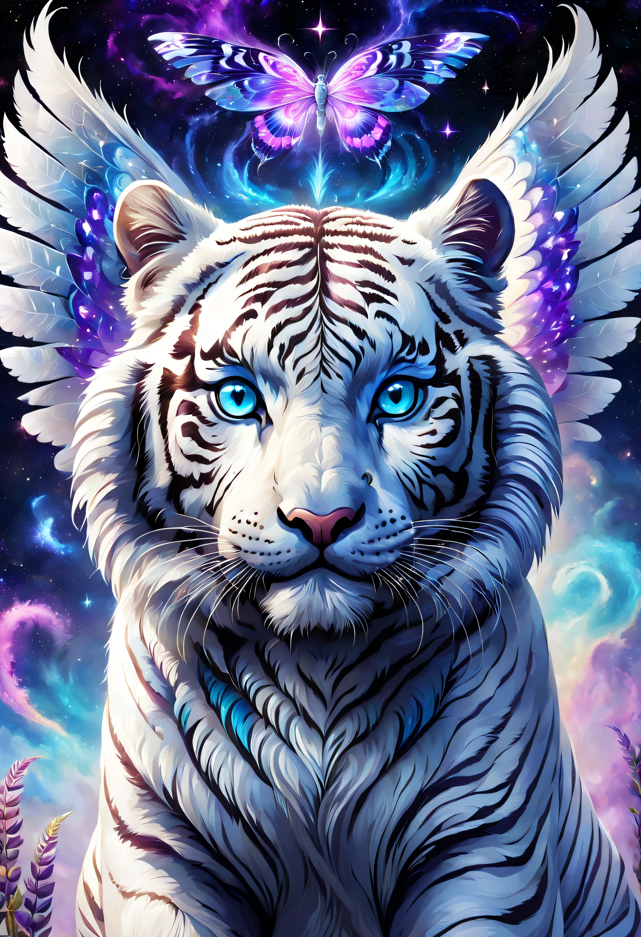 Fantasy hybrid creatures, White Tiger, Symmetrical wings, Starcloud, Shiny colors, purple and blue colored, The content is very detailed, beautiful light up, Ethereal, mistic, 8K, vibrant with colors, nice backlight