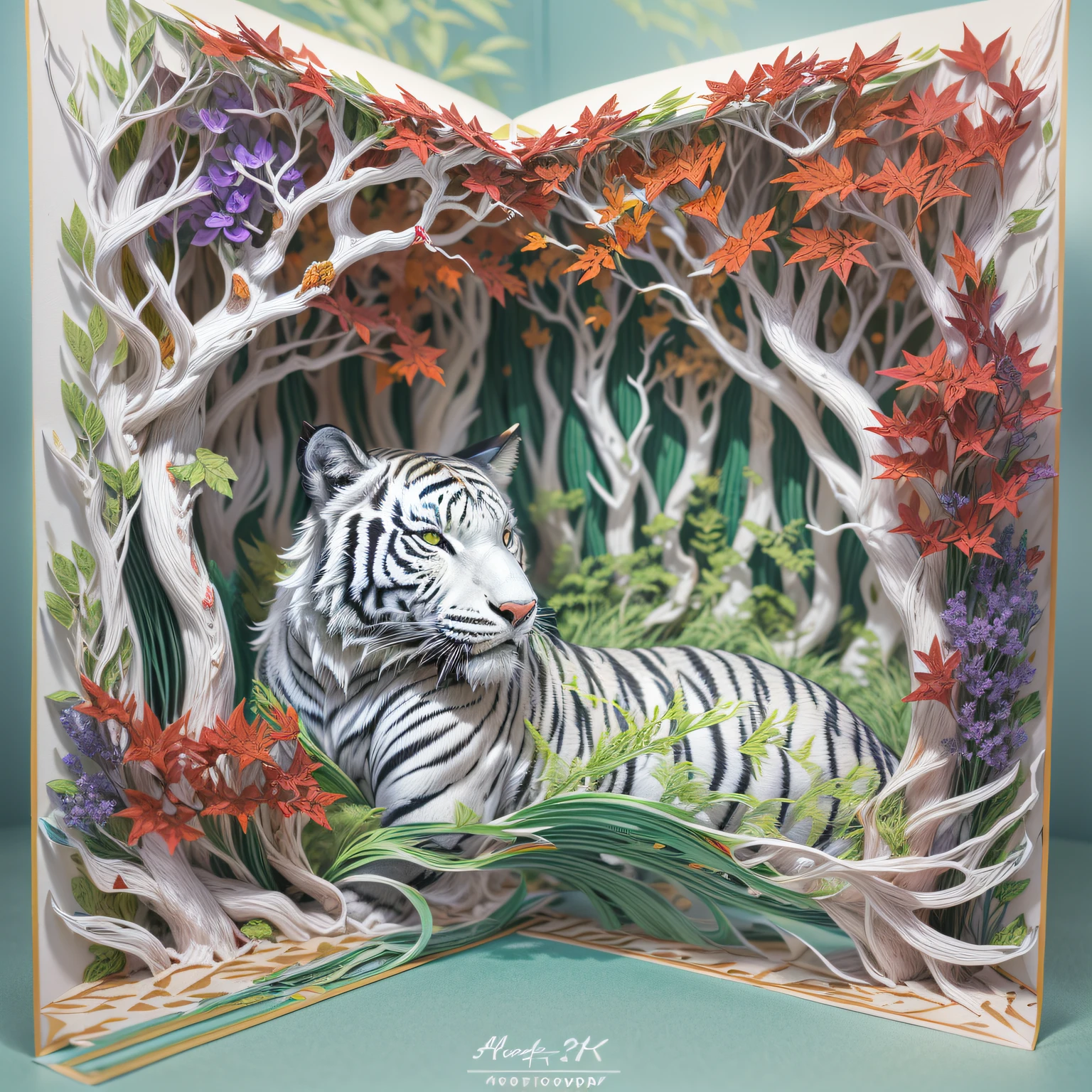 (pop up book:1.5),(Paper Cuttings style):White Tiger，(green woods,Red maple,Purple flowers),(Best quality,4K,8K,A high resolution,tmasterpiece:1.2),ultra - detailed,(actual,realistically,realisticlying:1.37) #Marine art #pop up book #number art #digital drawing #Aylt #love art