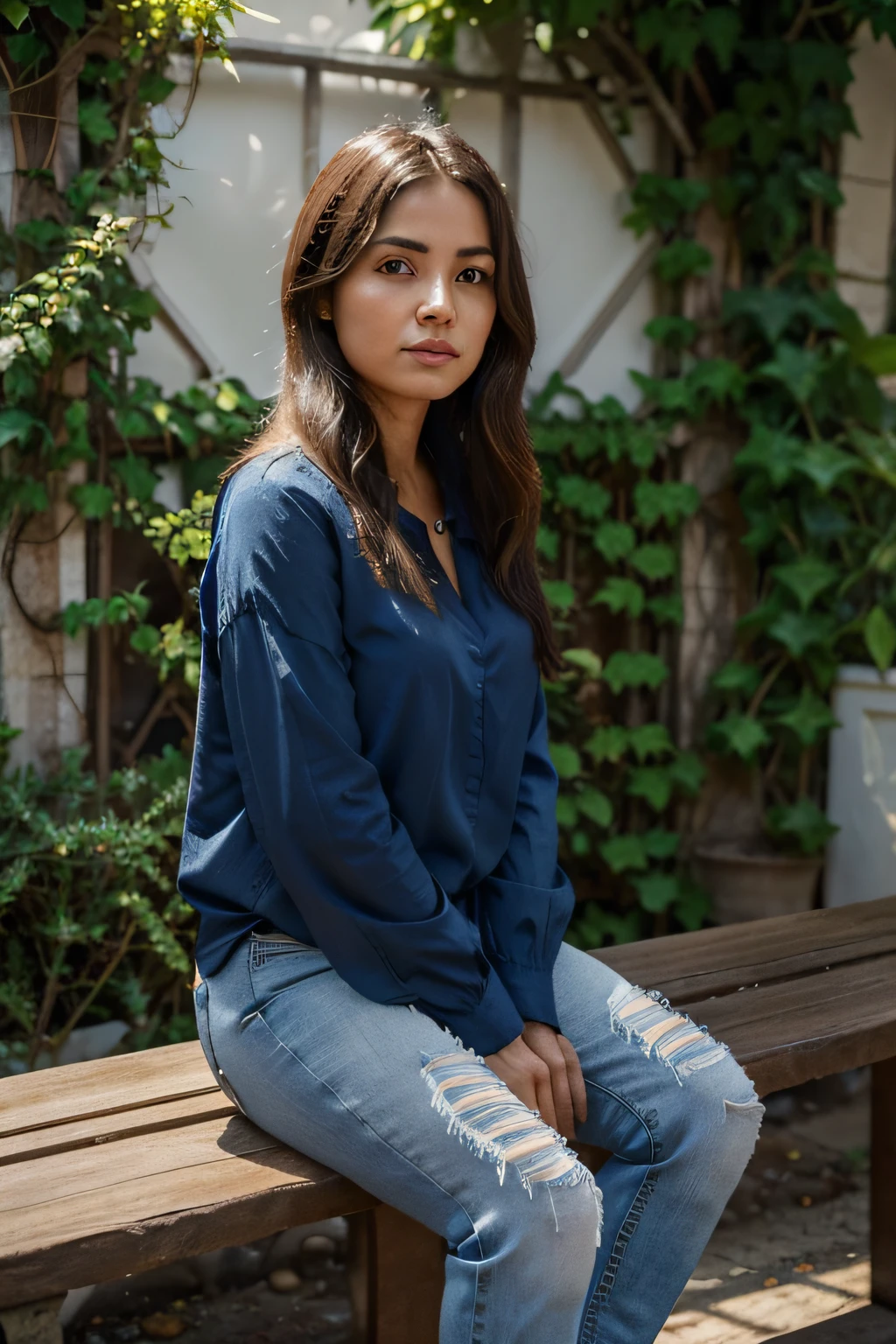 Preciso gerar uma imagem para Ivy Teles. Your profile description is below. Ivy Teles, 30 anos, possui a pela morena clara e o cabelo castanho escuro cumprido. She is a determined woman who faces daily challenges with resilience. Originally from a low-income family, She is the firstborn of three brothers. She is sitting on a bench at a table in a residential area. She is wearing dark jeans and a cool blue blouse.. A Ivy deve aparecer de frente na foto de uma maneira semelhante a uma foto 3x4