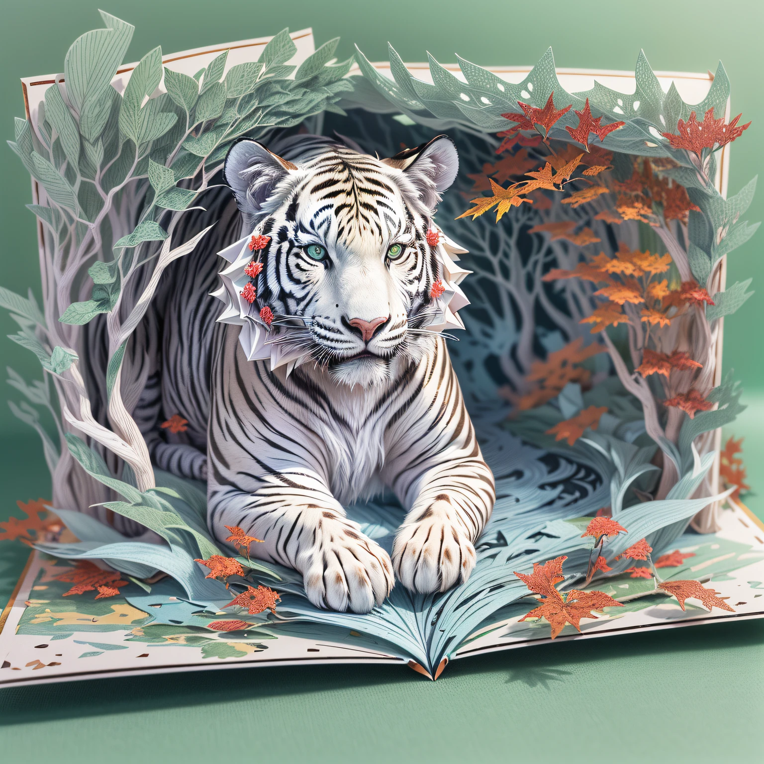 (pop up book:1.5),(Paper Cuttings style):White Tiger，(green woods,Red maple,Purple flowers),(Best quality,4K,8K,A high resolution,tmasterpiece:1.2),ultra - detailed,(actual,realistically,realisticlying:1.37) #Marine art #pop up book #number art #digital drawing #Aylt #love art