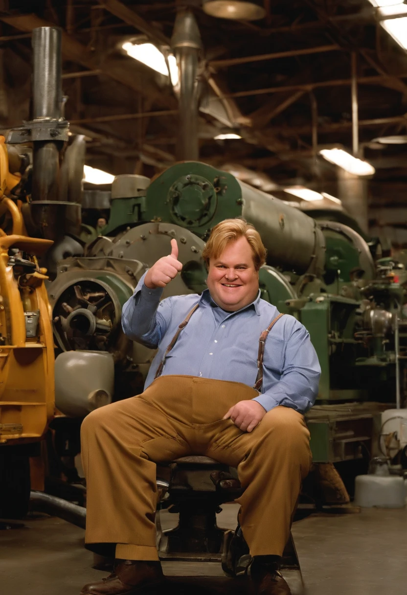 A photo of Tommy giving a thumbs up next to a newly repaired engine in the factory garage.,Tommy Boy (1995),Tommy Callahan III, portrayed by Chris Farley in the movie “Tommy Boy,” is a lovable but bumbling character. He’s a bit overweight, with a disheveled appearance that matches his often clueless demeanor. Tommy’s known for his big heart and infectious enthusiasm, but he lacks the sophistication and business acumen expected in the corporate world. He’s often seen in ill-fitting suits, which complements his overall goofy and endearing persona., male