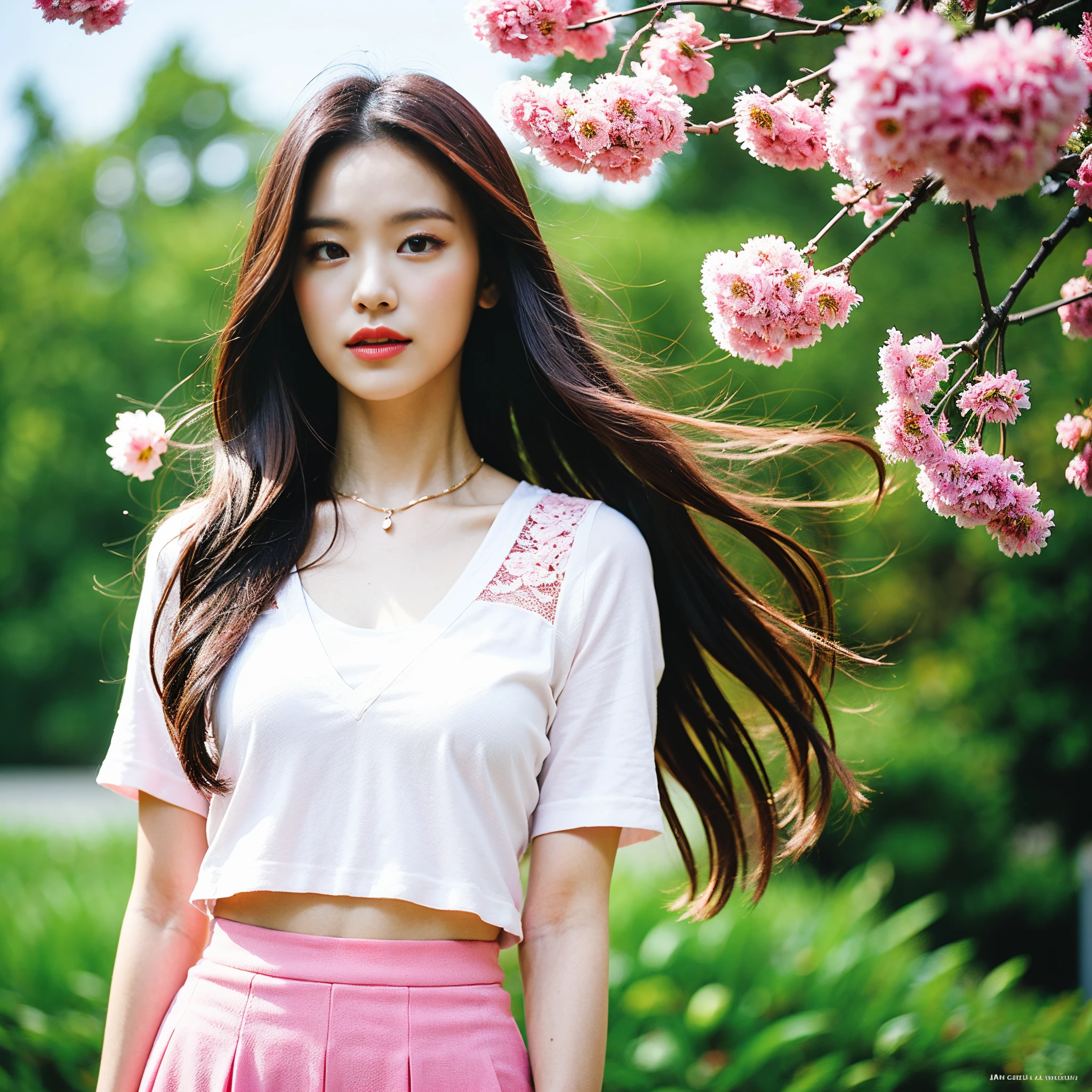 （The body details are very rich，The face is very detailed，Best quality at best：1.2） ，A woman is，（Bougainvillea wearing pink lace in the background，Very confusing：1.4）Dandelions flutter in the wind，a Korean girl，HD photo effects,Artistic photos,White skirt fluttering in the wind，accurate brunette，Nice face