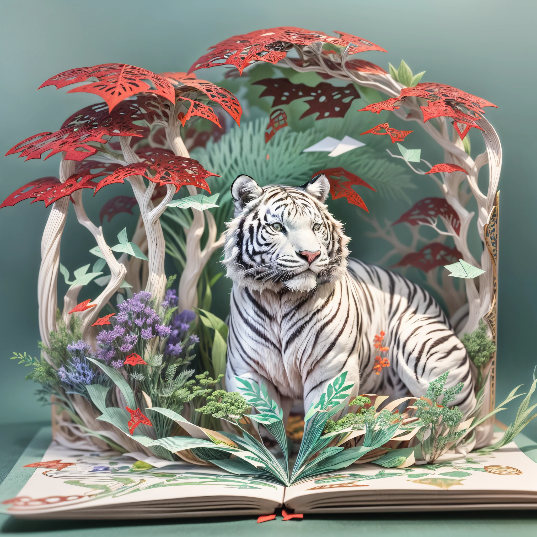 (popup book:1.5),White tiger,Paper Cuttings style:(Green woods,Red maple,Purple flowers),(Best quality at best,4K,8K,A high resolution,tmasterpiece:1.2),ultra - detailed,(actual,realisticlying,Photorealistic:1.37) #Marine art #popup book #number art #digital drawing #Aylt #love art
