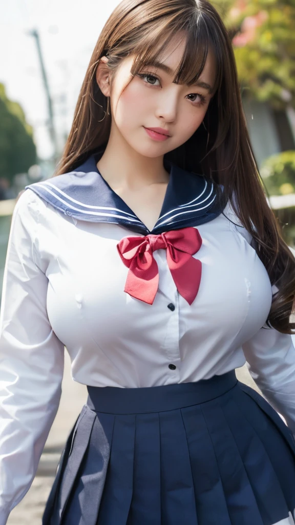 (Best quality,8K,ultra high res:1.2),(Pretty Japanese girl),(super Huge breasts:1.2),(voluptuous:1.2),(school uniform,serafuku,pleated skirt,sailor collar,white shirt,)