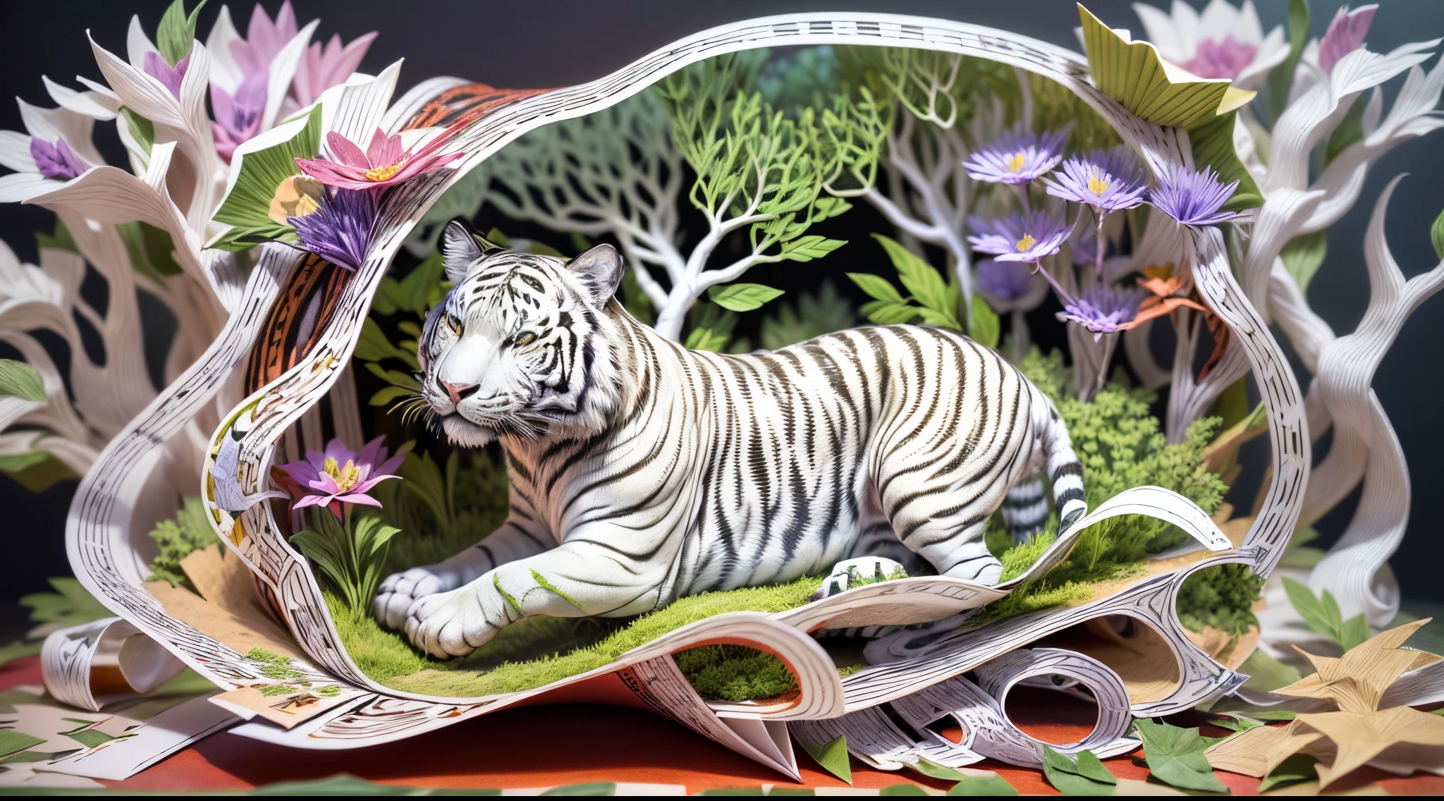 (popup book:1.5),(Paper Cuttings style):White tiger,(Green woods,Red maple,Purple flowers),(Best quality at best,4K,8K,A high resolution,tmasterpiece:1.2),ultra - detailed,(actual,realisticlying,Photorealistic:1.37) #Marine art #popup book #number art #digital drawing #Aylt #love art