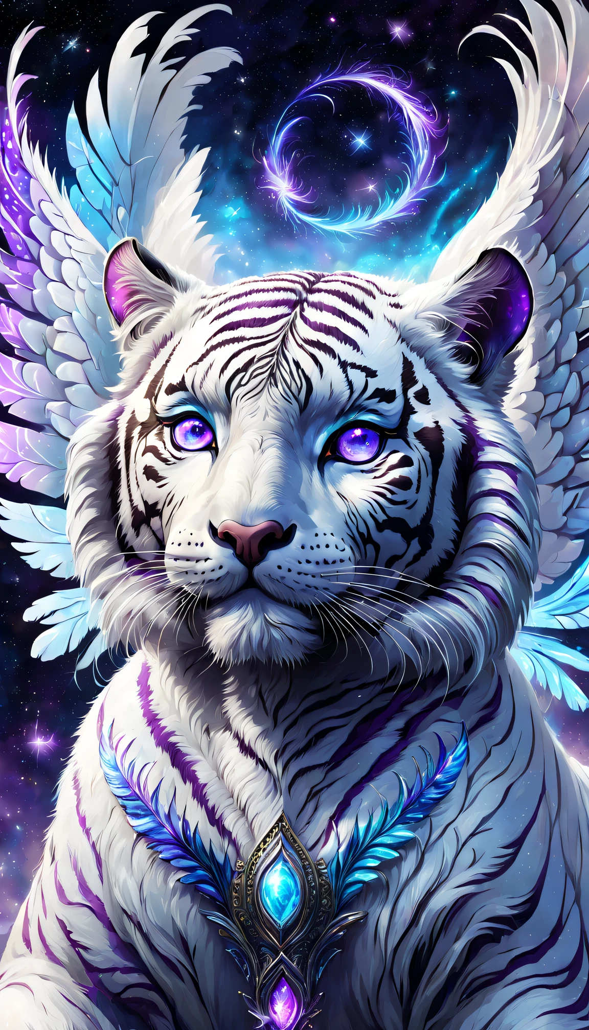 Fantasy hybrid creatures, White tiger and human hybrid, Symmetrical wings, Starcloud, Shiny colors, purple and blue colored, The content is very detailed, beautiful light up, Ethereal, mistic, 8K, vibrant with colors, nice backlight